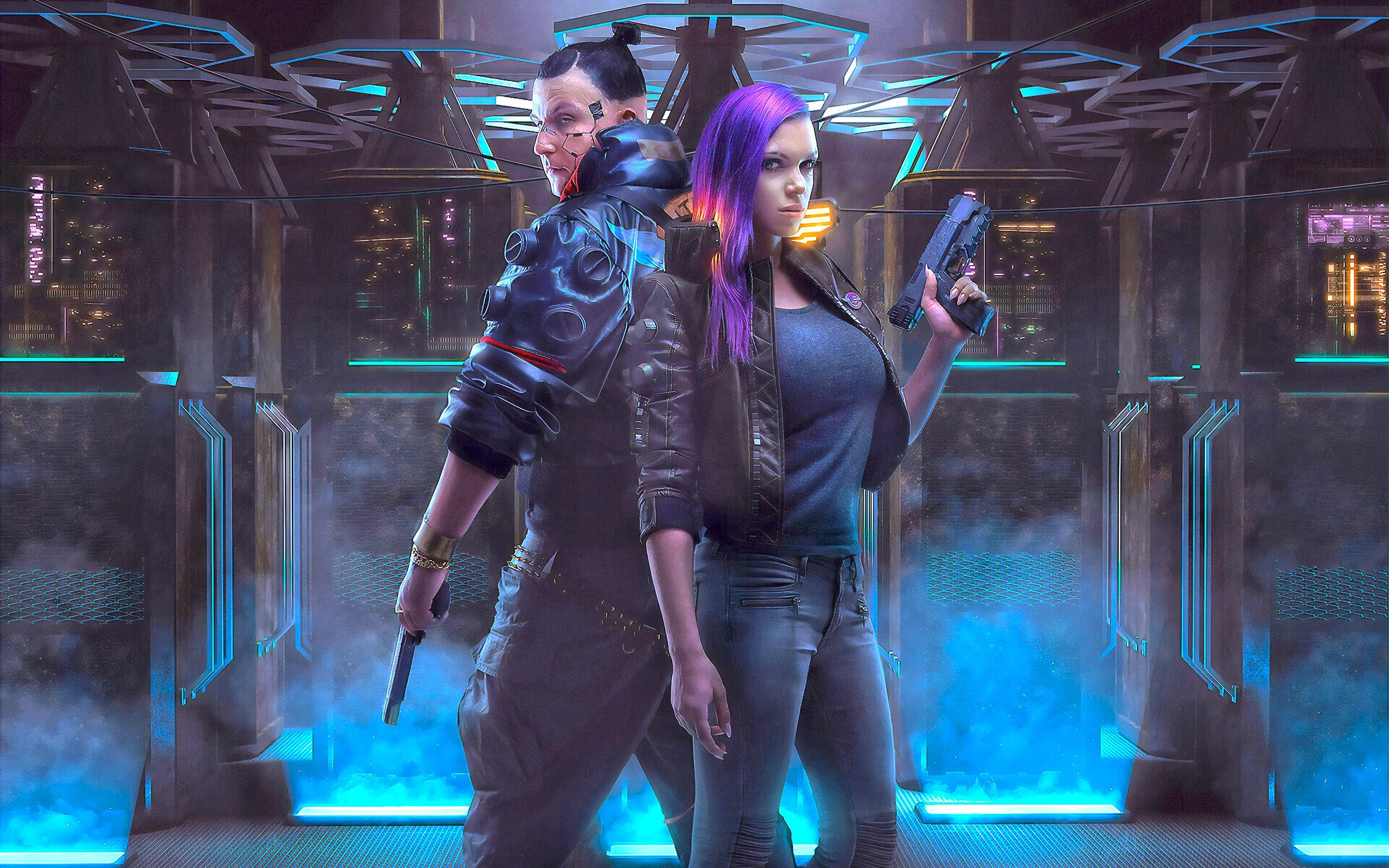 Wallpaper: Cyberpunk Cyborg, Girl, Gun, Man, Purple
