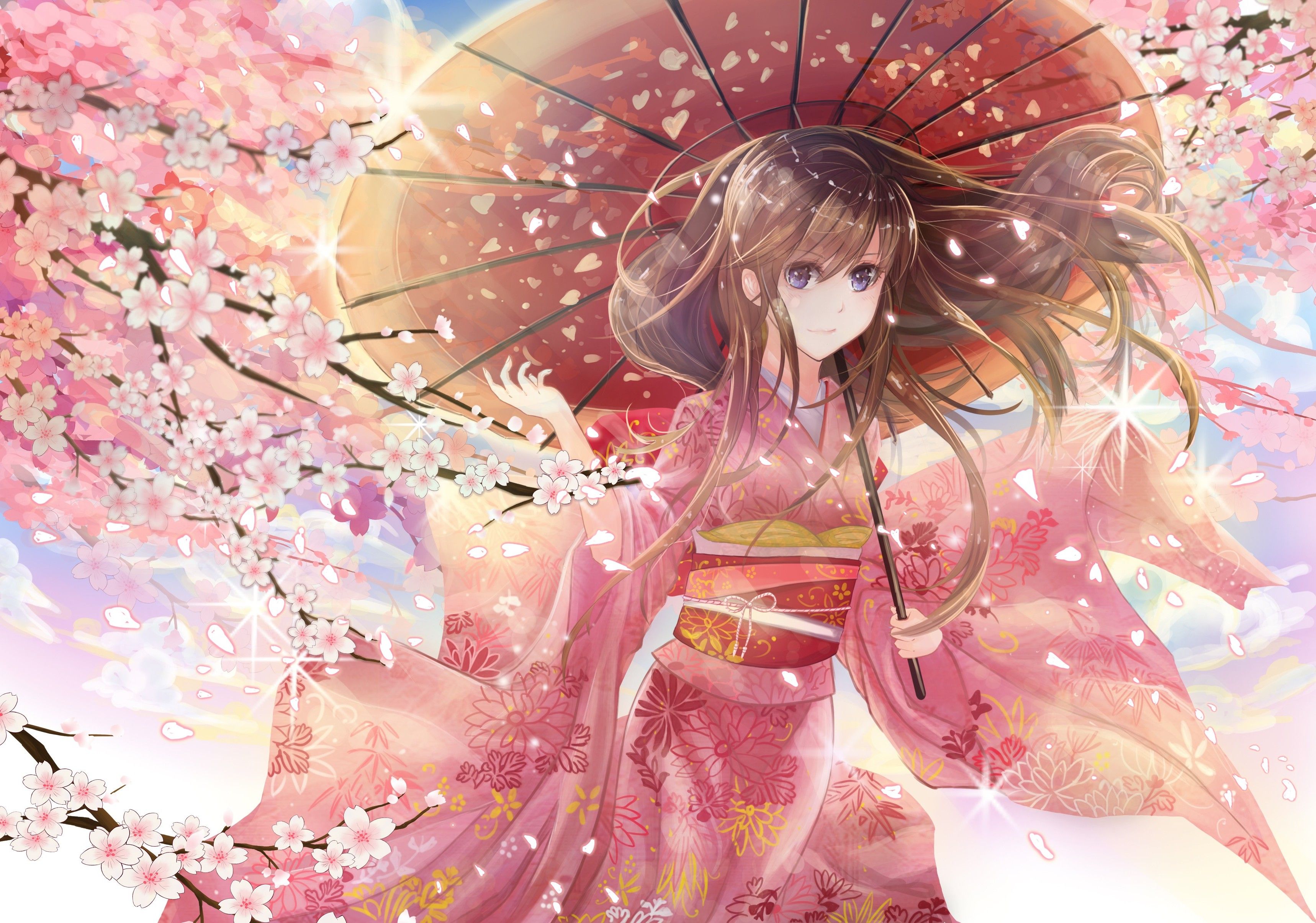 umbrella, Kimono, Original Characters, Pink, Cherry Blossom, Japanese Clothes Wallpaper HD / Desktop and Mobile Background