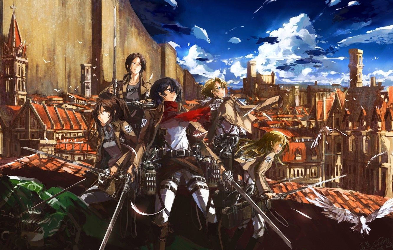 Wallpaper flight, the city, weapons, girls, soldiers, swords, art, stu dts, shingeki no kyojin, mikasa ackerman, christa renz, annie leonhardt, sasha browse, ymir image for desktop, section сэйнэн