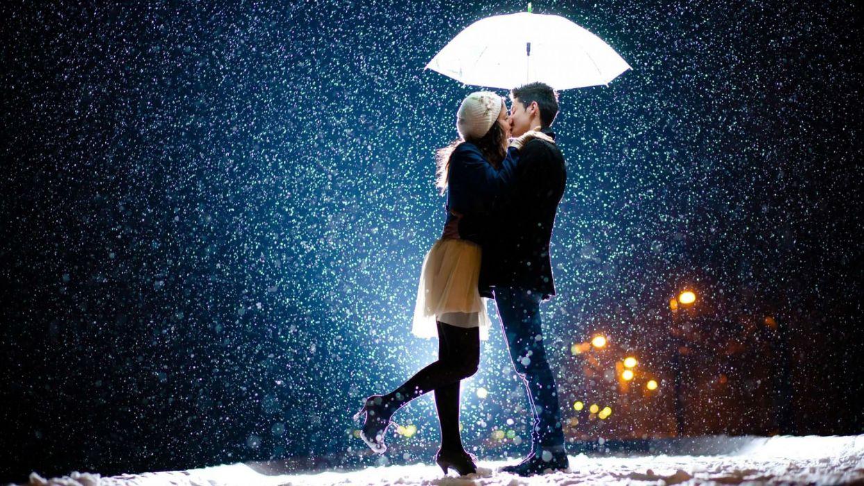 Winter snow mood love kiss umbrella wallpaperx1080