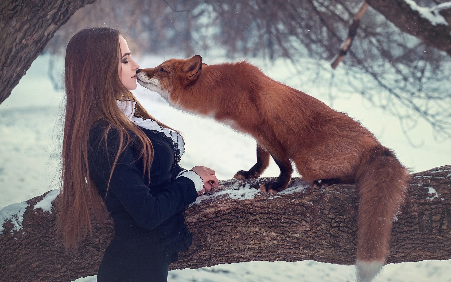 Wallpaper Girl and fox, kiss, snow, winter 1920x1200 HD Picture, Image