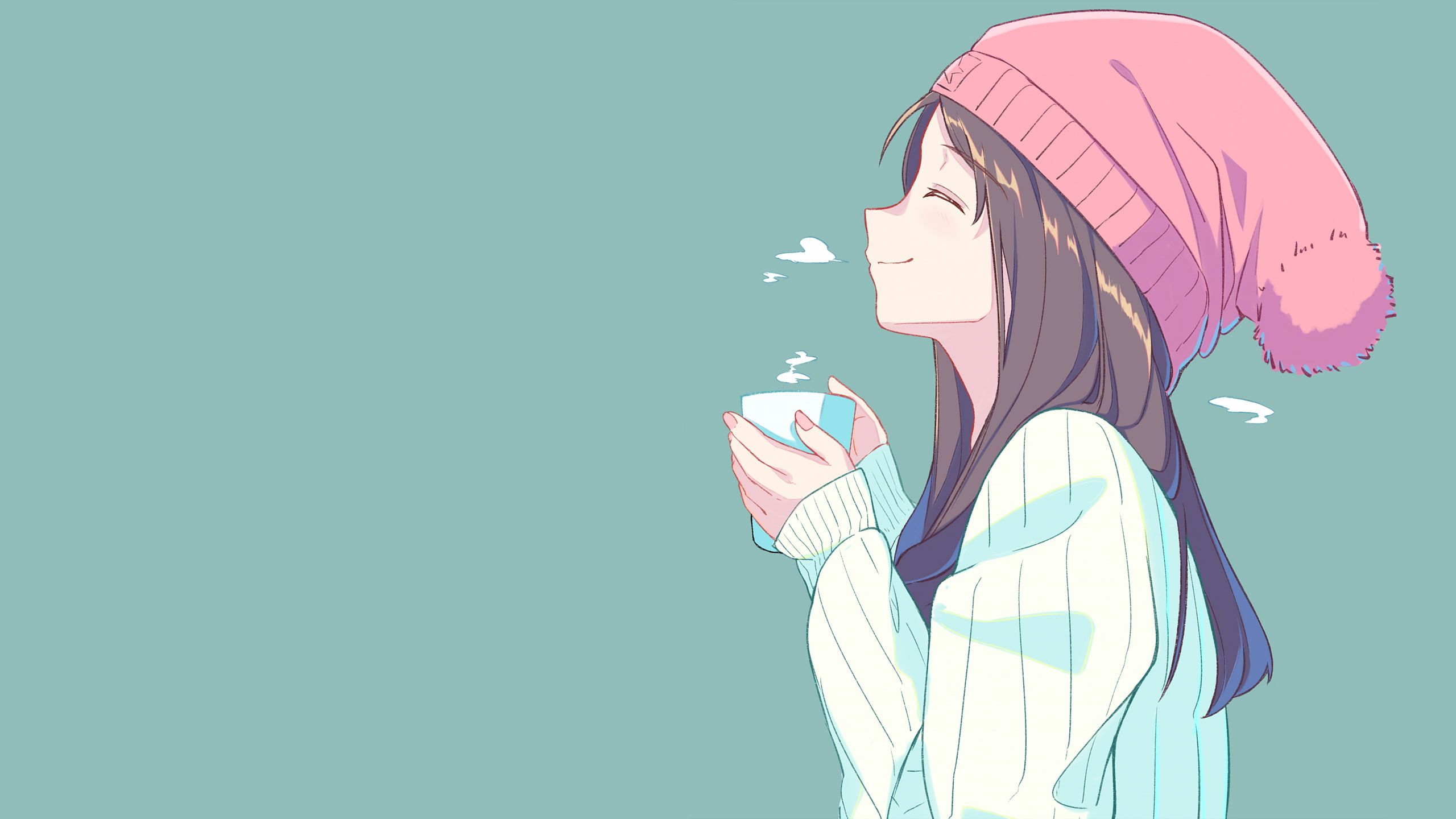 anime #hat anime girls #tea closed eyes simple background #cup #brunette #face #profile K #wa. Aesthetic anime, Anime computer wallpaper, Cute laptop wallpaper