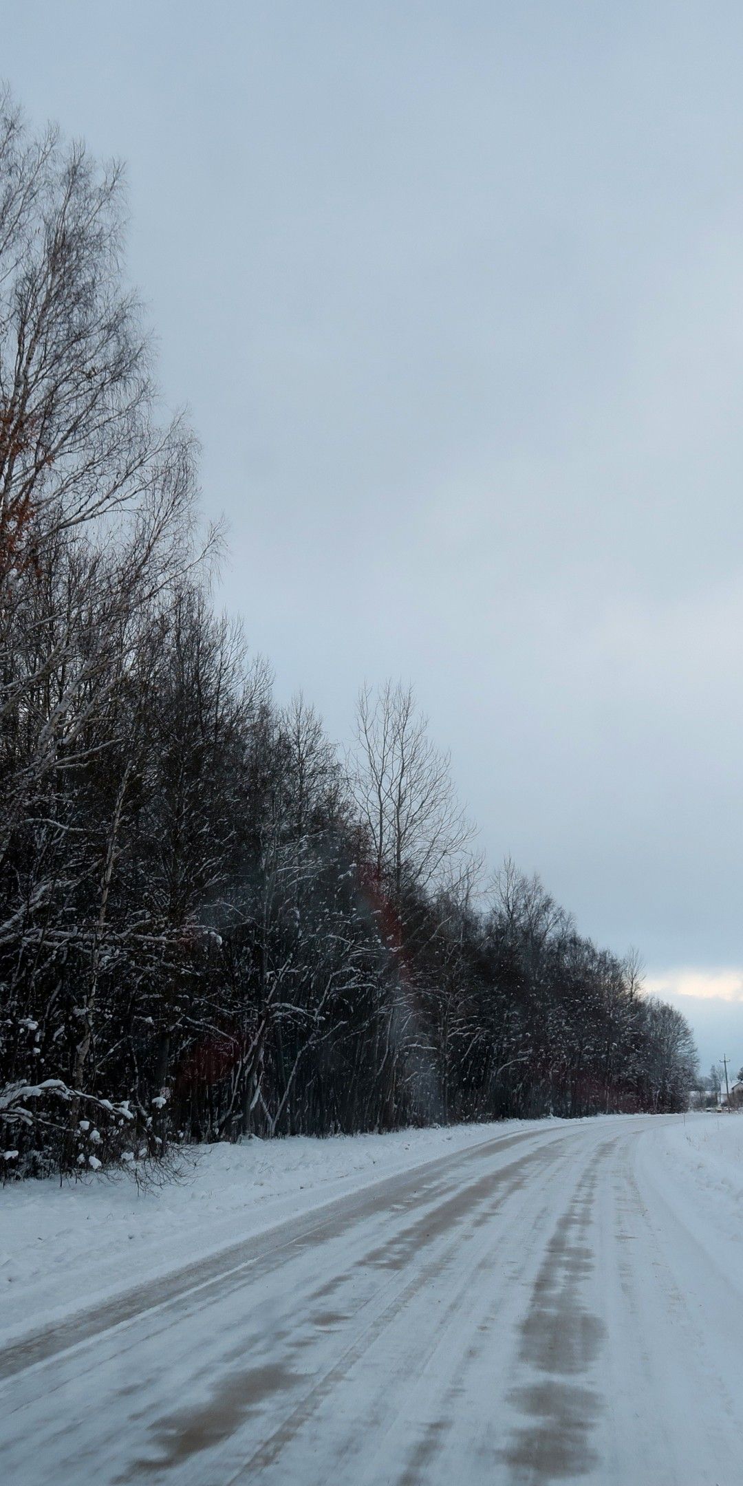 Download 1080x2160 Snow, Road, Trees, Clouds, Sky, Winter Wallpaper for Huawei Mate 10