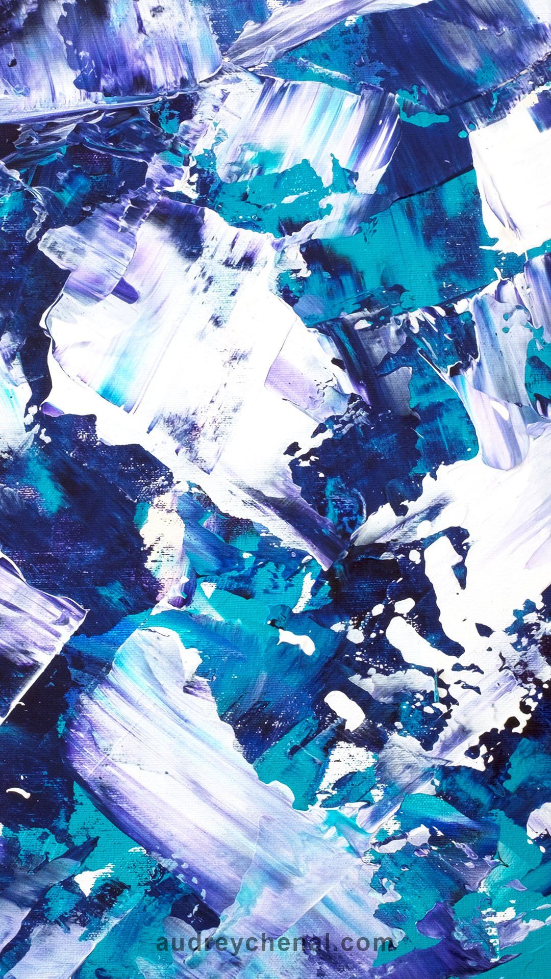 Purple turquoise blue abstract brushstrokes acrylic painting wallpaper by Audrey Chenal 2