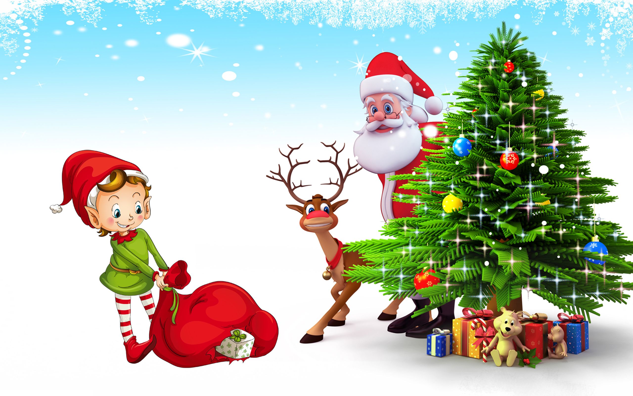 Christmas Postcard Santa Claus Deer Christmas Tree With Gifts HD Desktop Background Free Download 2560x1600, Wallpaper13.com