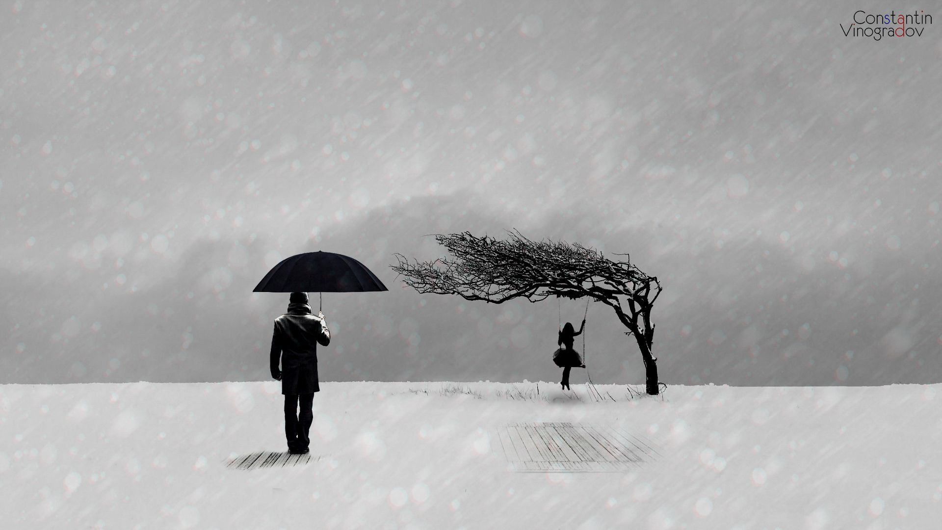 image silhouettes Winter Umbrella Painting Art 1920x1080