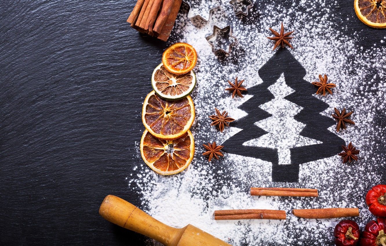 Wallpaper tree, orange, New Year, Christmas, cinnamon, merry christmas, flour, decoration, xmas image for desktop, section новый год