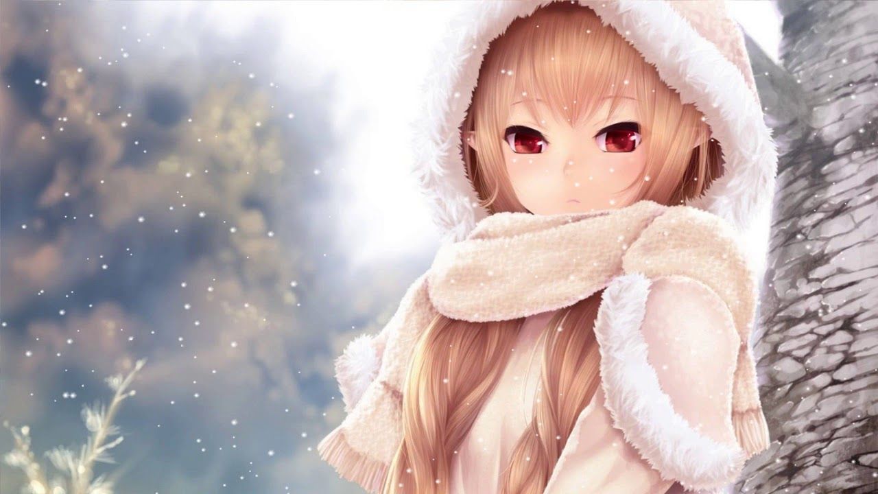 Cute Anime Girl on Snowy Day Animated Wallpaper