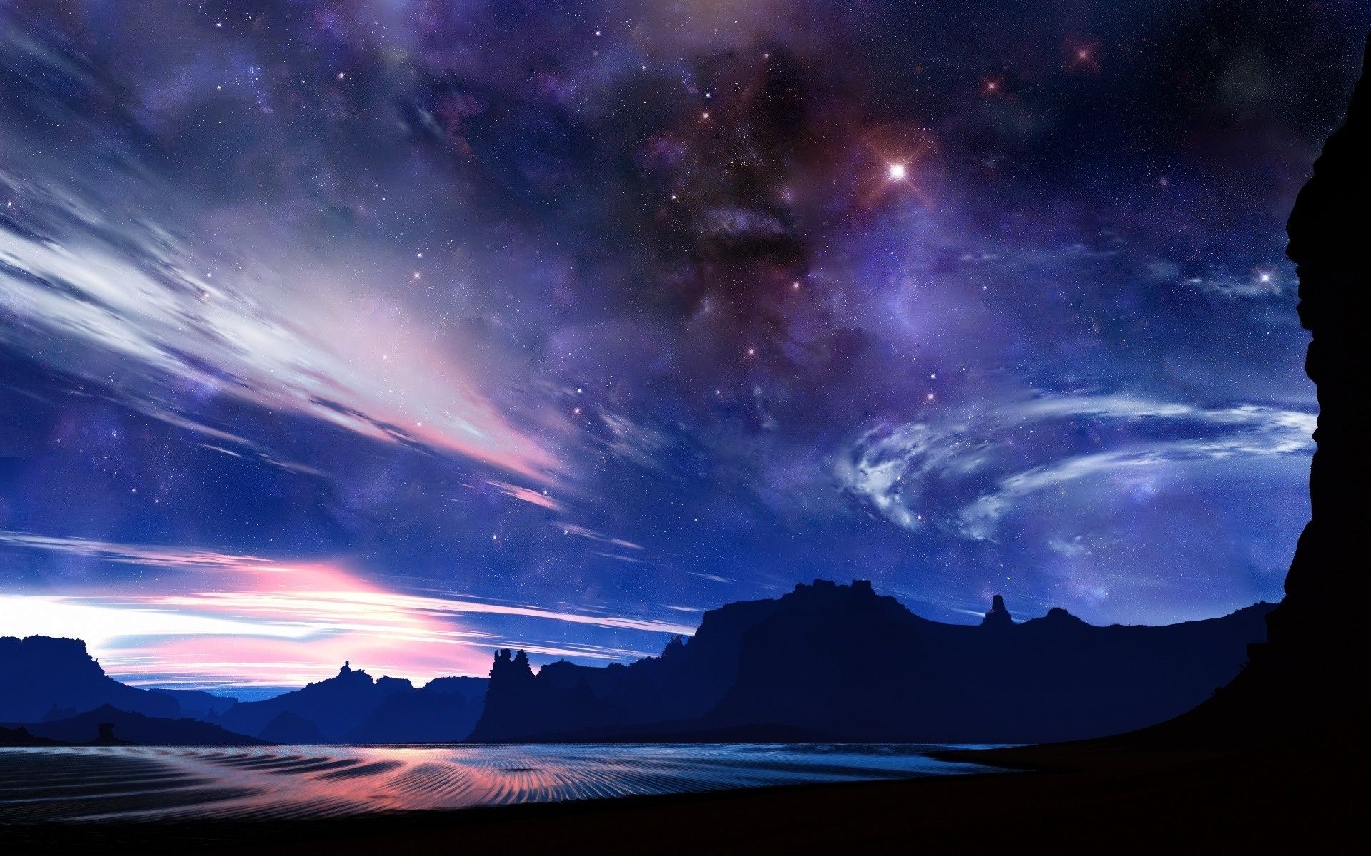 Bring a touch of purple to your phone or laptop with our Purple Anime Night Sky Wallpapers. The hues of blue and pink mix in the most captivating way, creating a wallpaper that\'s truly a sight to behold.