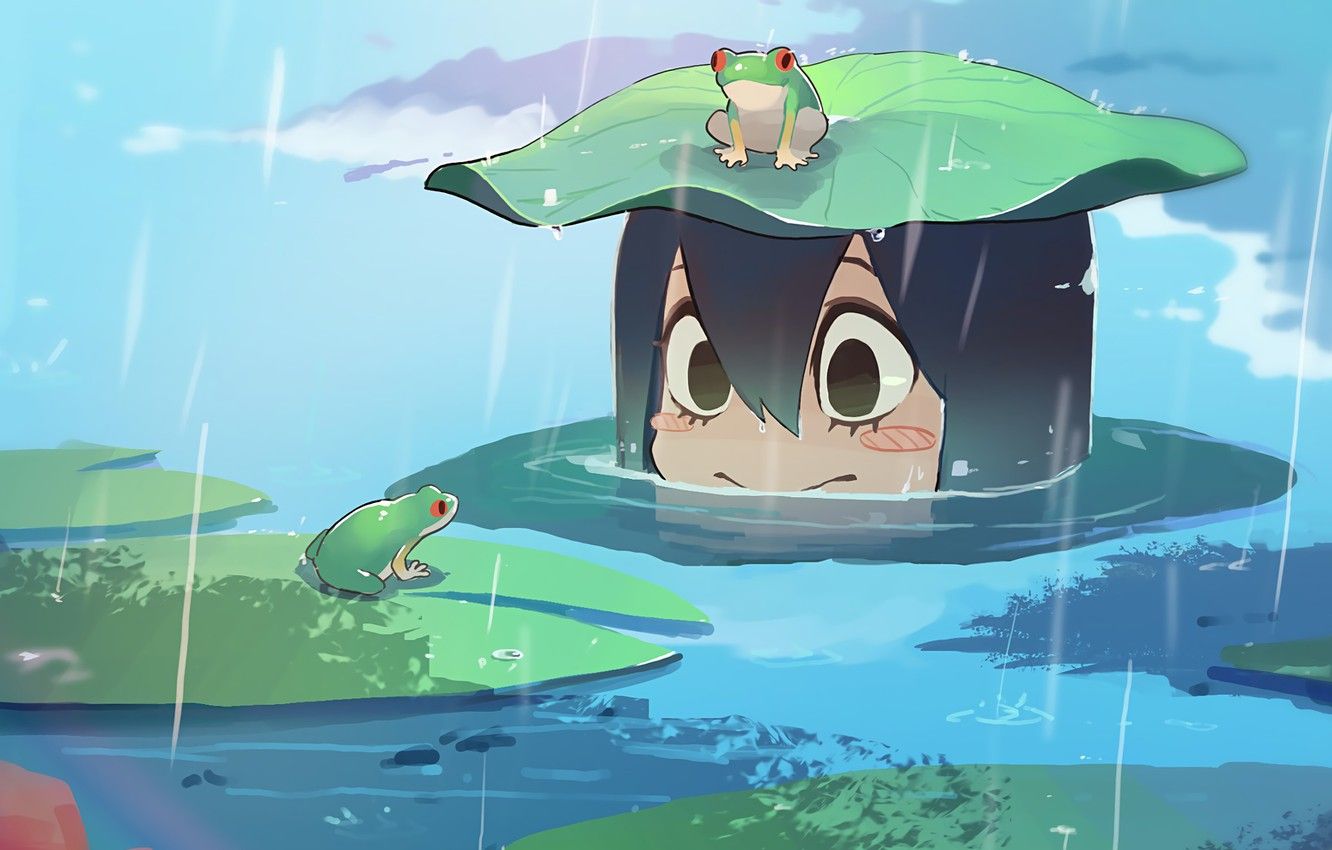 Wallpaper girl, rain, frog, smile, anime, water, cute, frogs, exploration image for desktop, section прочее