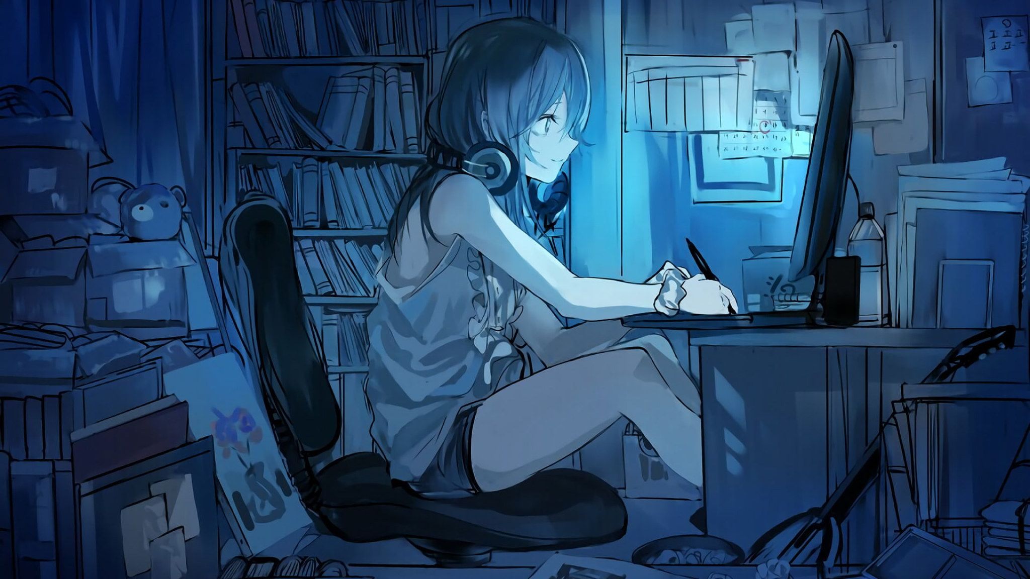 Art Wallpaper • Girl using computer anime character, Headphones, Original ( Anime) wallpaper • Wallpaper For You The Best Wallpaper For Desktop & Mobile