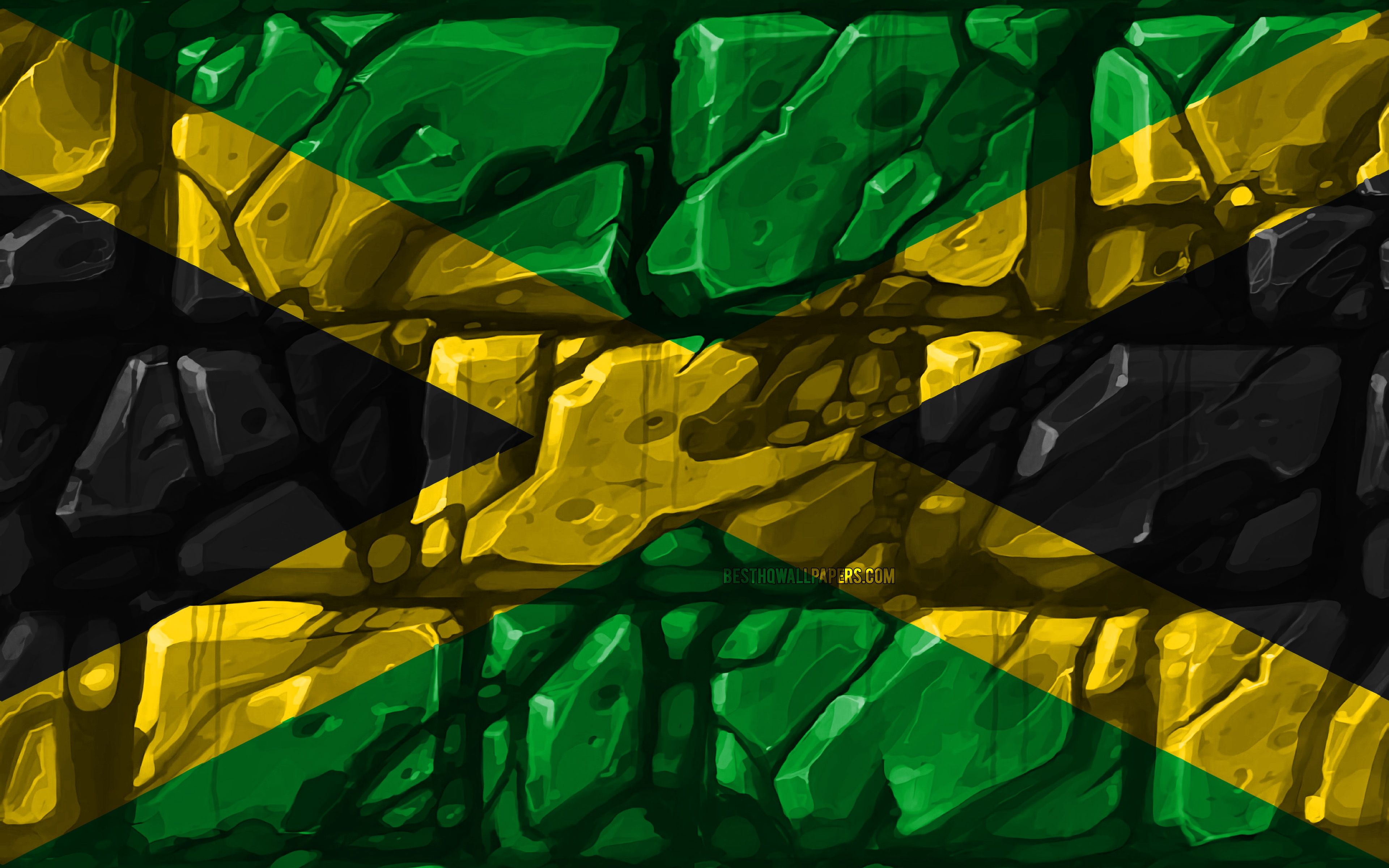 Download wallpaper Jamaican flag, brickwall, 4k, North American countries, national symbols, Flag of Jamaica, creative, Jamaica, North America, Jamaica 3D flag for desktop with resolution 3840x2400. High Quality HD picture wallpaper