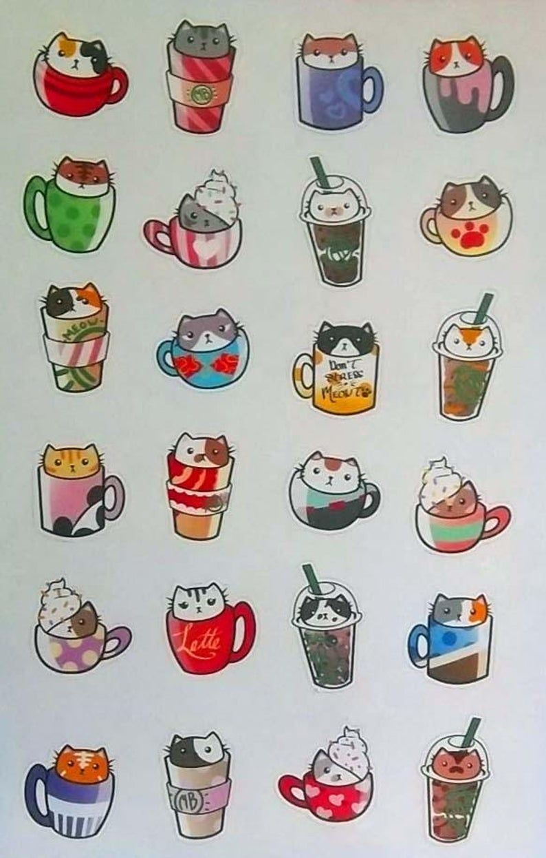 Coffee Cat Planner Stickers! Cat Puccino! Cute Coffee And Cats Stickers! Kawaii Coffee Cat Stickers! Bullet Journal Stickers!. Cat Stickers, Cat Coffee, Bullet Journal Stickers