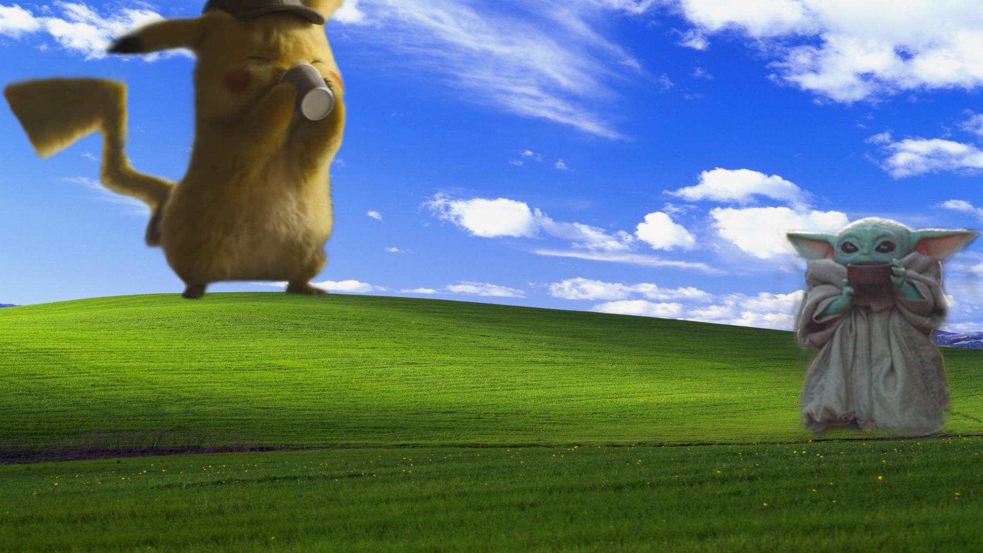 Pikachu and Baby Yoda on a windows XP wallpapers 1920x1080 : wallpapers 