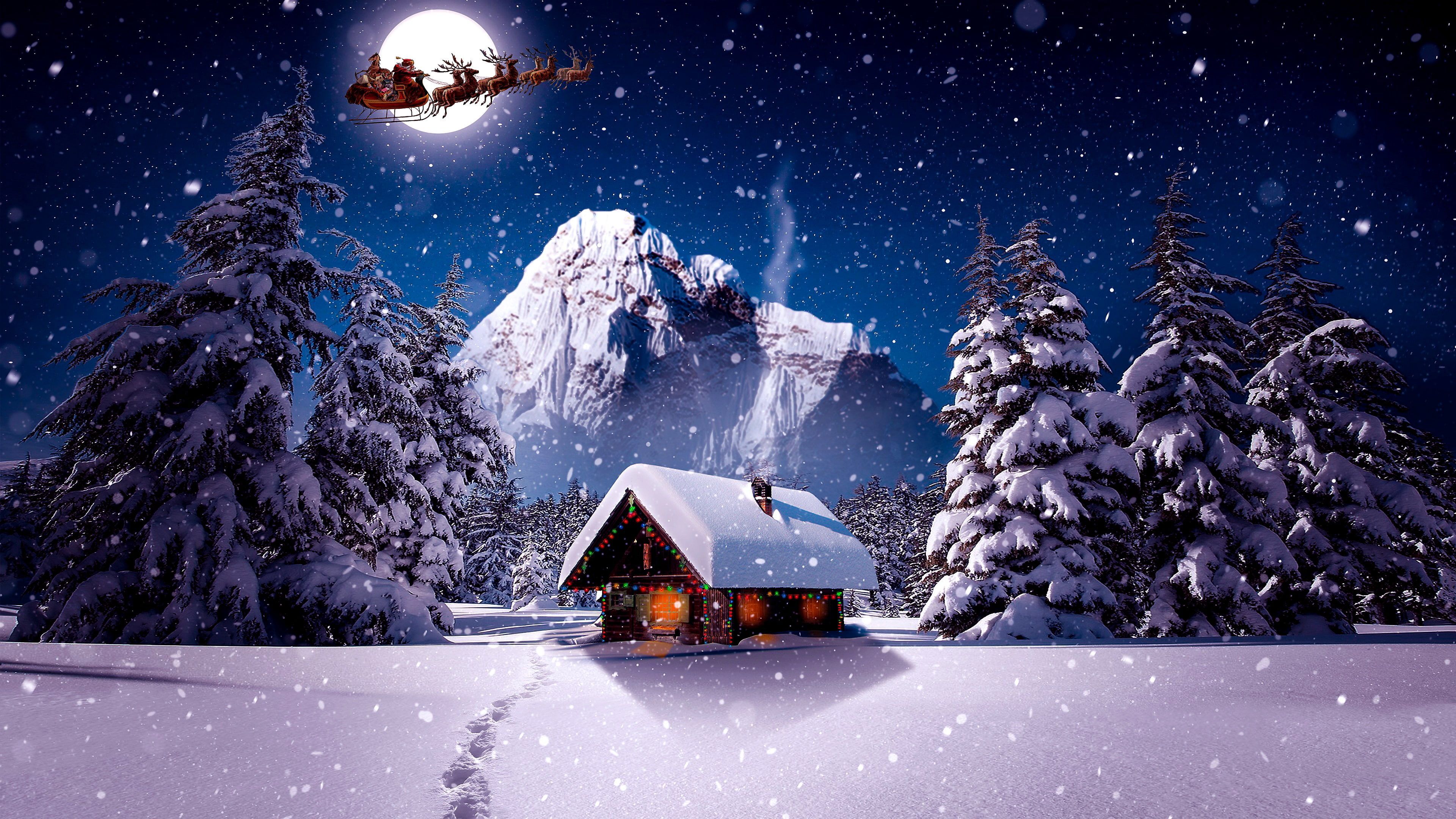 winter santa claus #sleigh #sledge #snow #snowing #moon log cabin #house #mountain christmas night #chistmas. Nature wallpaper, Christmas wallpaper, Wallpaper