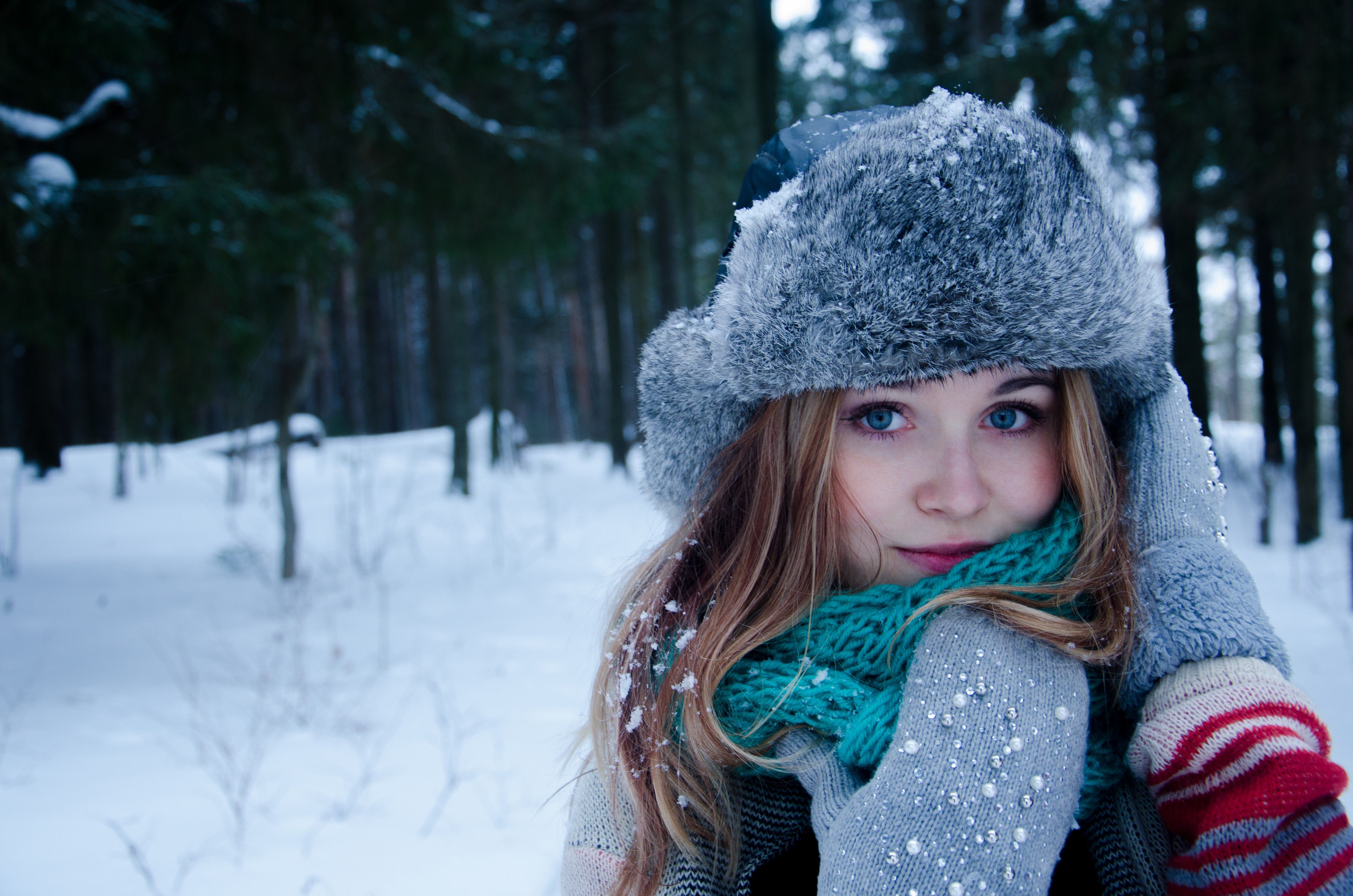 winter gloves long hair blue eyes women blonde funny hats women outdoors aryan snow Wallpaper HD / Desktop and Mobile Background