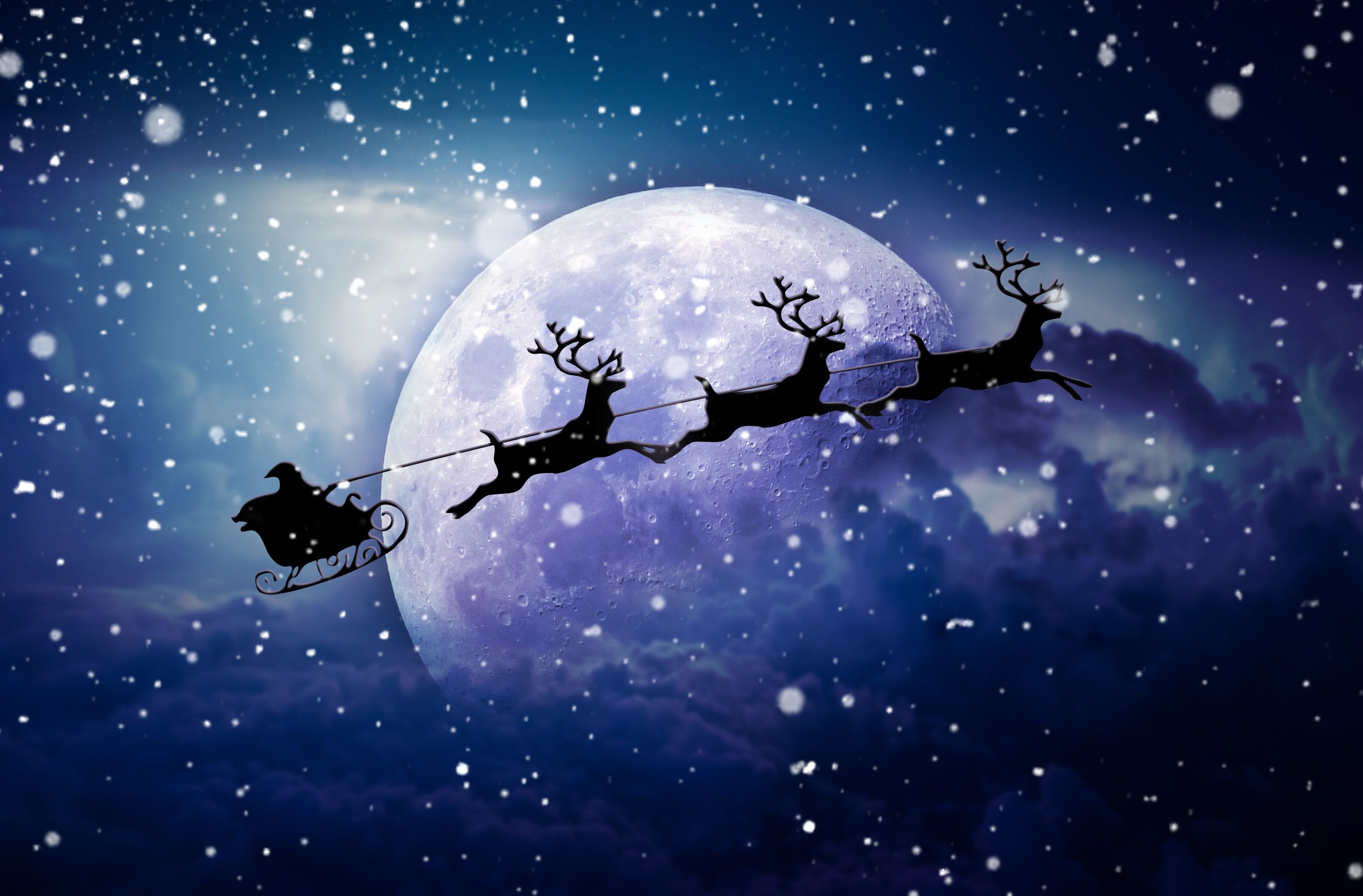 Santa Claus Chariot 4K Wallpaper, Moon, Snowfall, Winter, Reindeer Chariot, Celebrations Christmas