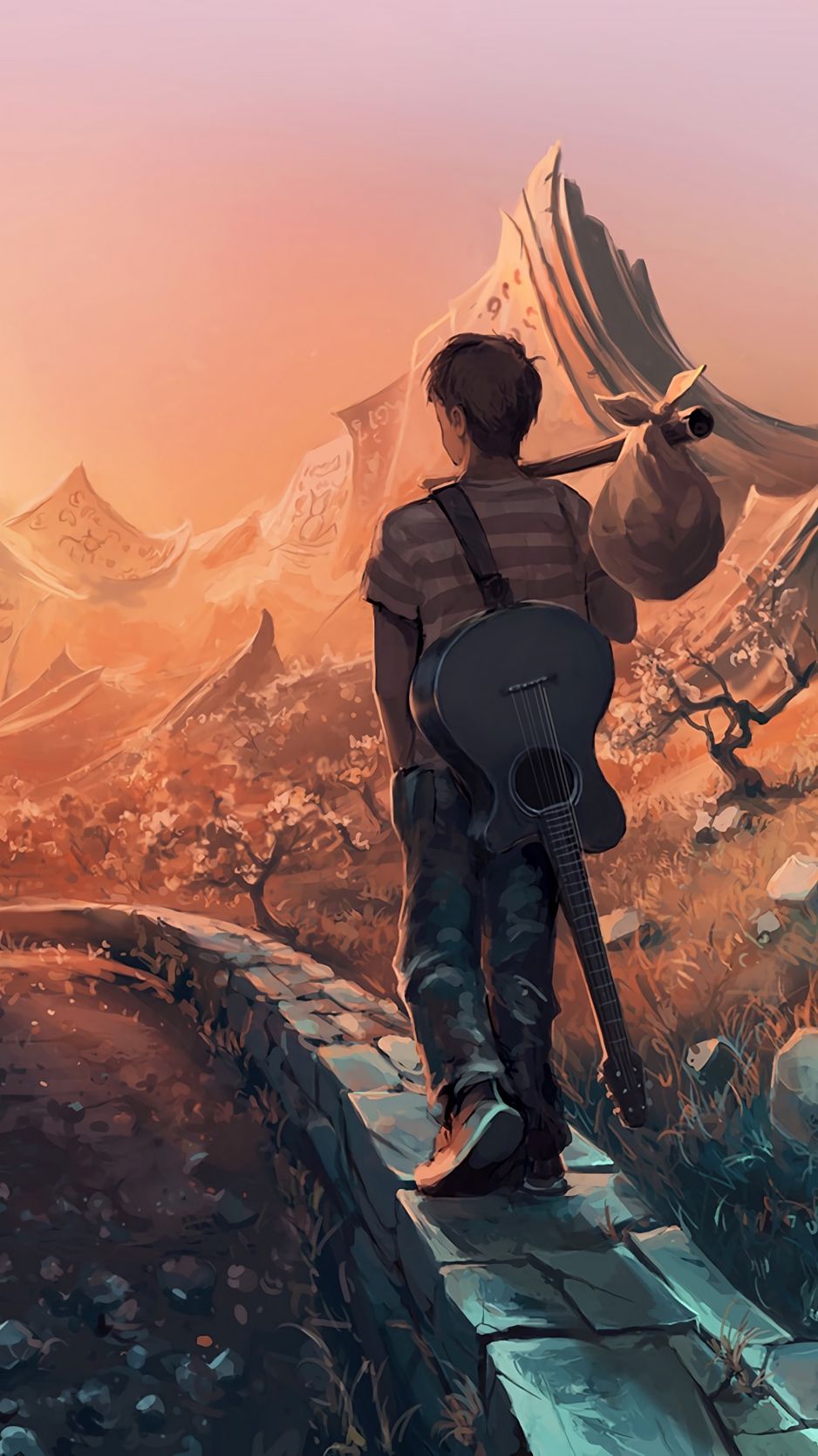 Man, art, guitar, traveling wallpaper. Art, Cartoon wallpaper, Travel wallpaper