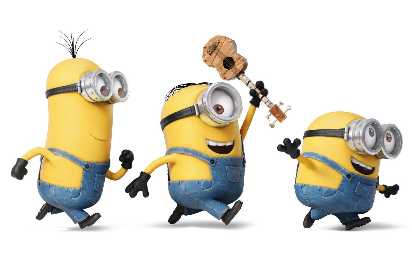 Wallpaper joy, mood, cartoon, guitar, yellow, glasses, white background, gloves, three, characters, run, jumpsuits, Minions, Minions image for desktop, section фильмы