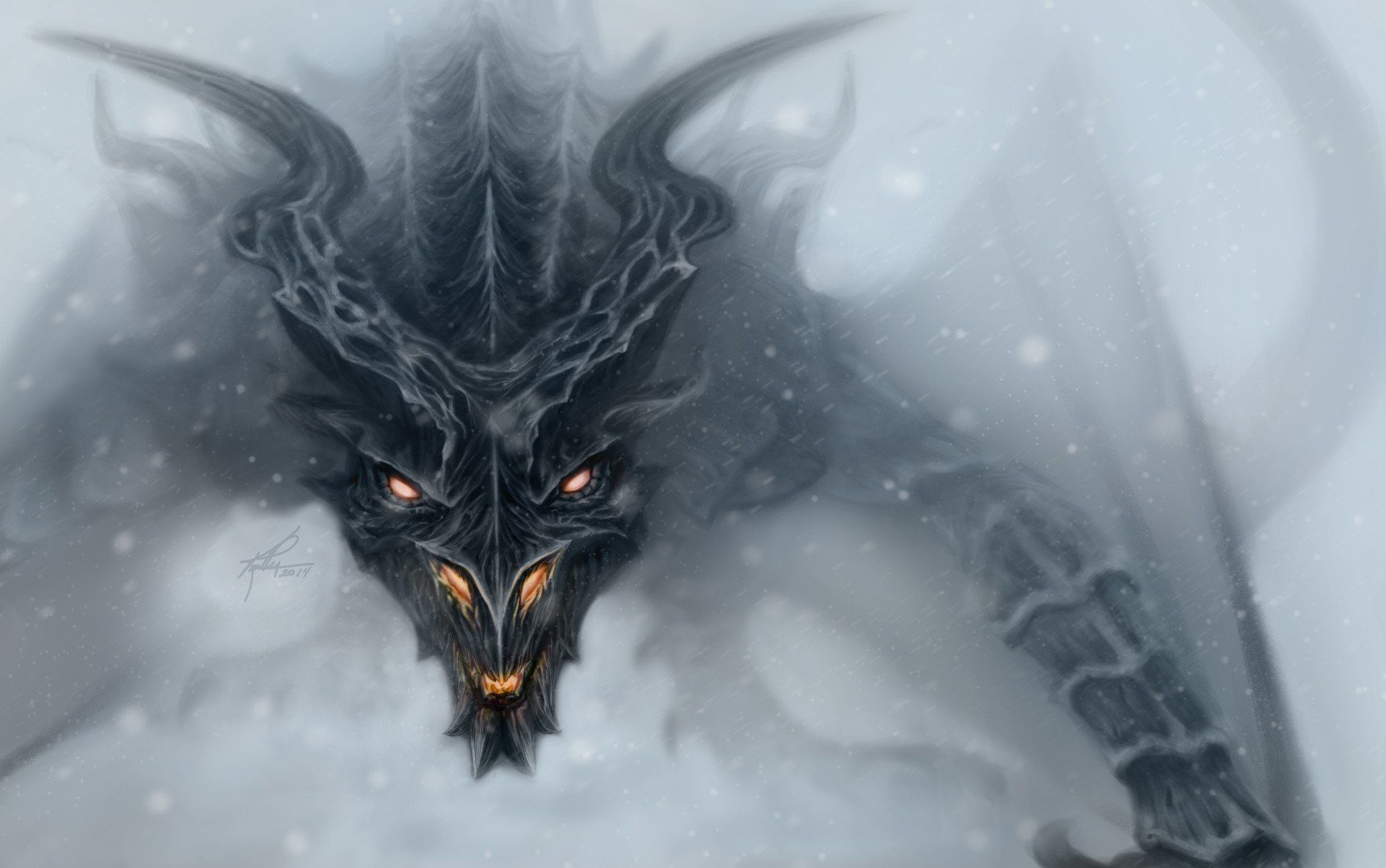 Art blizzard dragon face fantasy orange eyes skyrim alduin snow wallpaperx1332