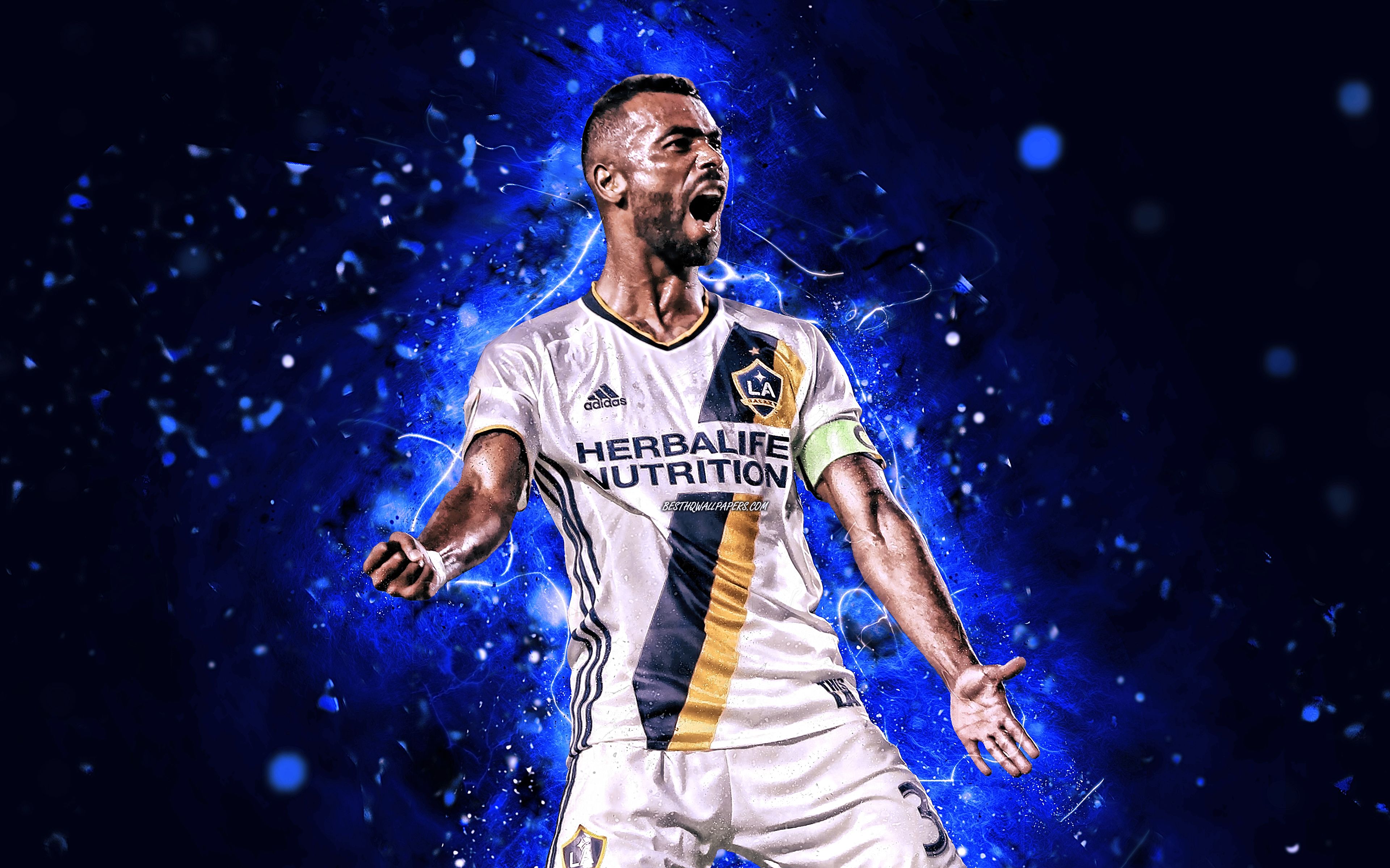 Download wallpaper Ashley Cole, MLS, Los Angeles Galaxy FC, english footballers, soccer, football, blue neon lights, creative, LA Galaxy for desktop with resolution 3840x2400. High Quality HD picture wallpaper