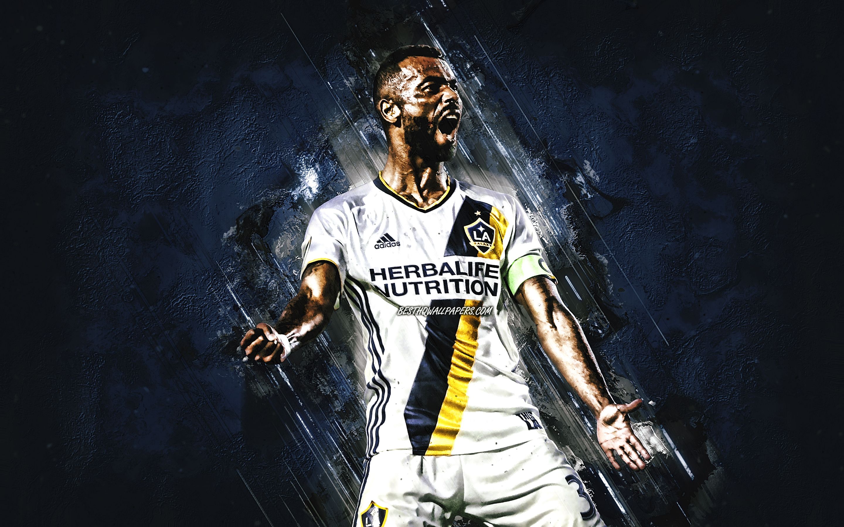 Download wallpaper Ashley Cole, English footballer, Los Angeles Galaxy, portrait, blue stone background, MLS, Major League Soccer for desktop with resolution 2880x1800. High Quality HD picture wallpaper