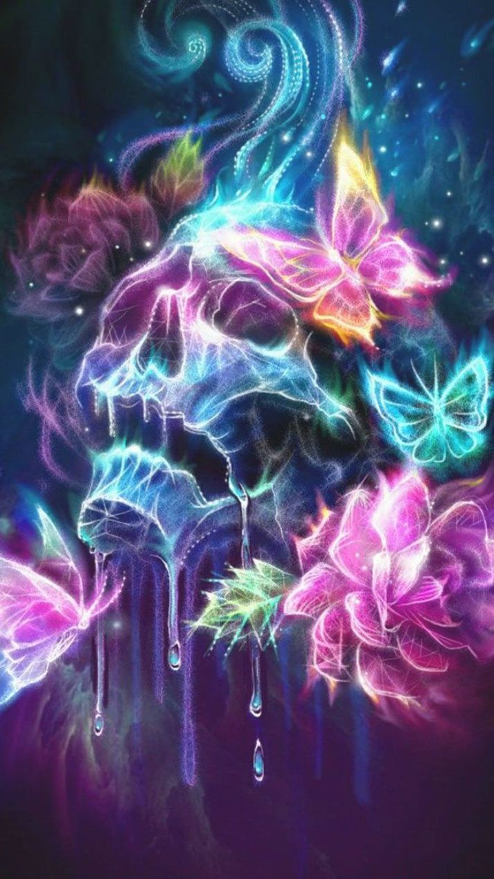 Skull art or neon butterfly, why not both styles. Unique neon color artistic thriller wallpapers for you. in 2020