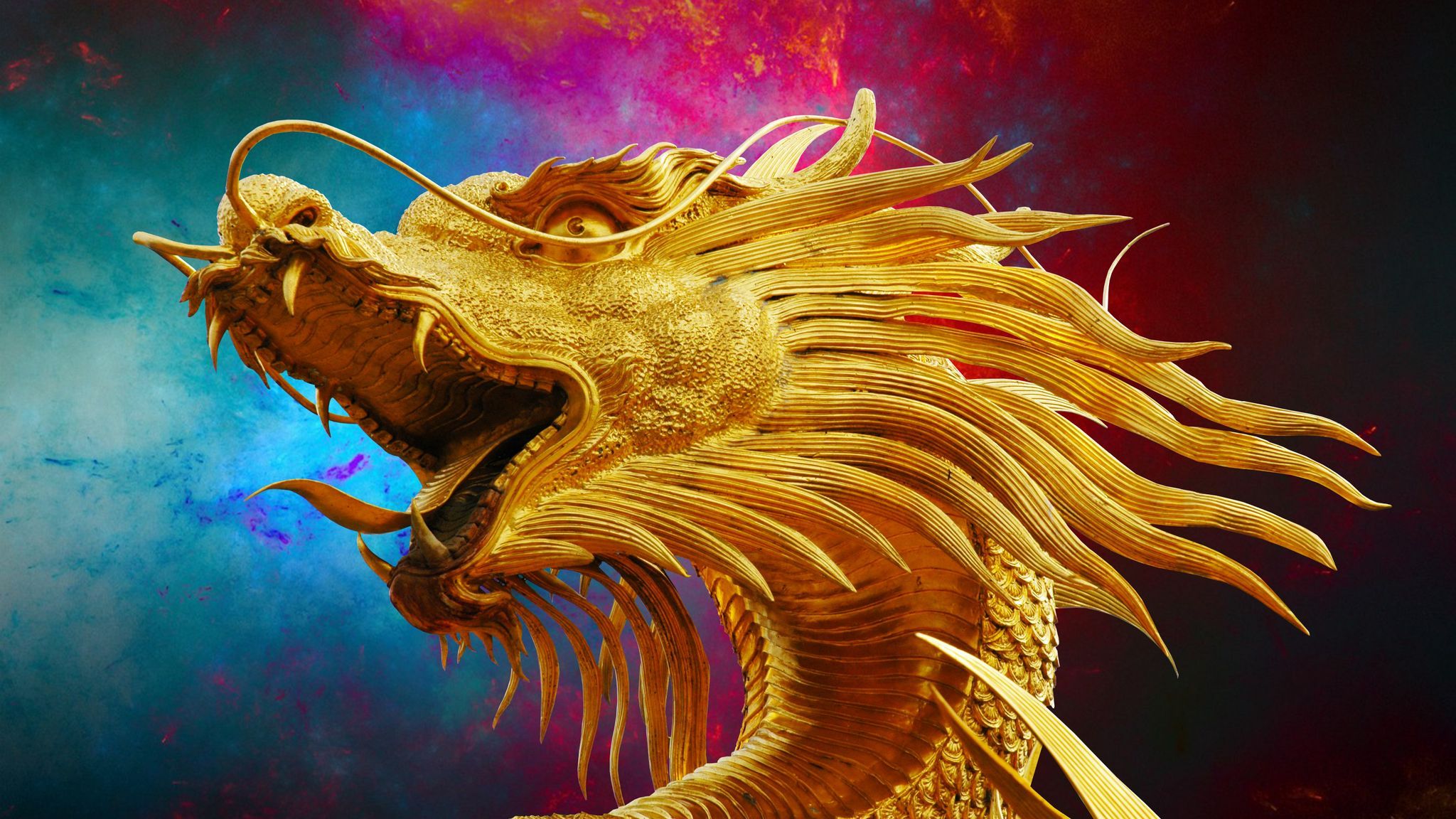 Download wallpaper 2048x1152 golden dragon, dragon, mane, face ultrawide monitor HD background