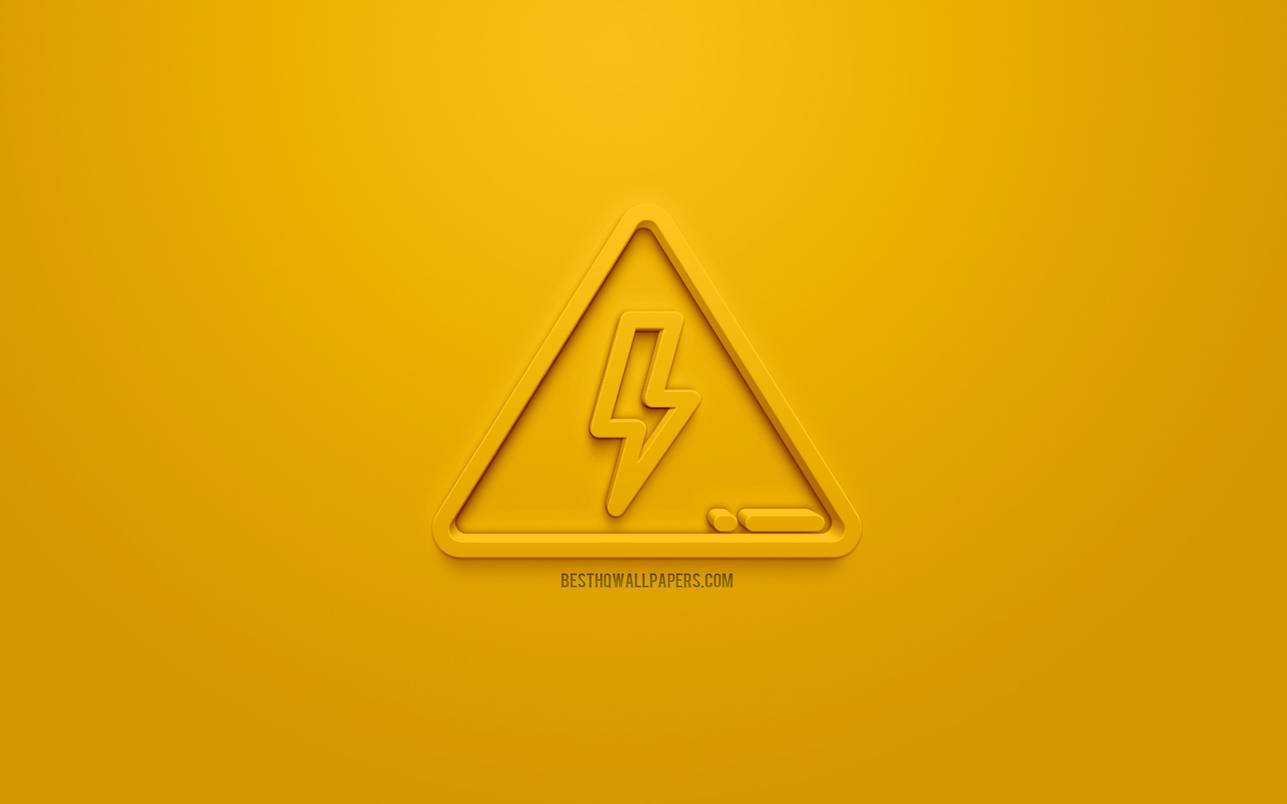 Download wallpaper High Voltage 3D icon, yellow background, 3D symbols, High Voltage, creative 3D art, 3D icons, High Voltage sign, warning signs for desktop with resolution 2560x1600. High Quality HD picture wallpaper
