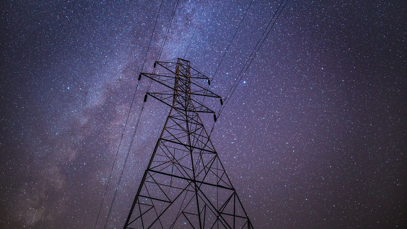 Download Wallpaper 1366x768 Electrical Tower, High Voltage, Starry Sky, Wires, Electricity, Voltage, Night Tablet, Laptop HD Background