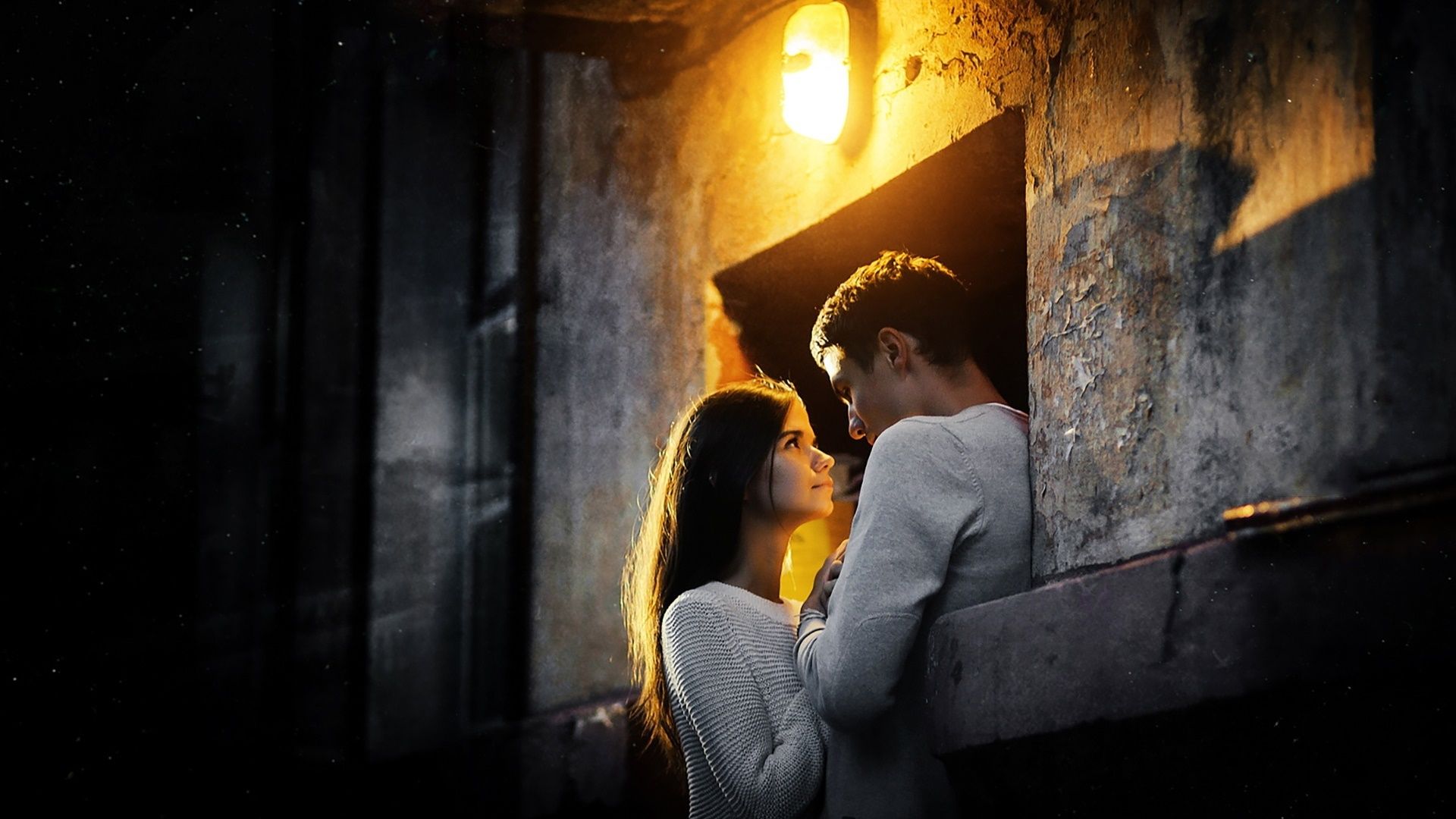 Girl with boy, fall in love, night, lights Desktop Wallpaperx1080 wallpaper download