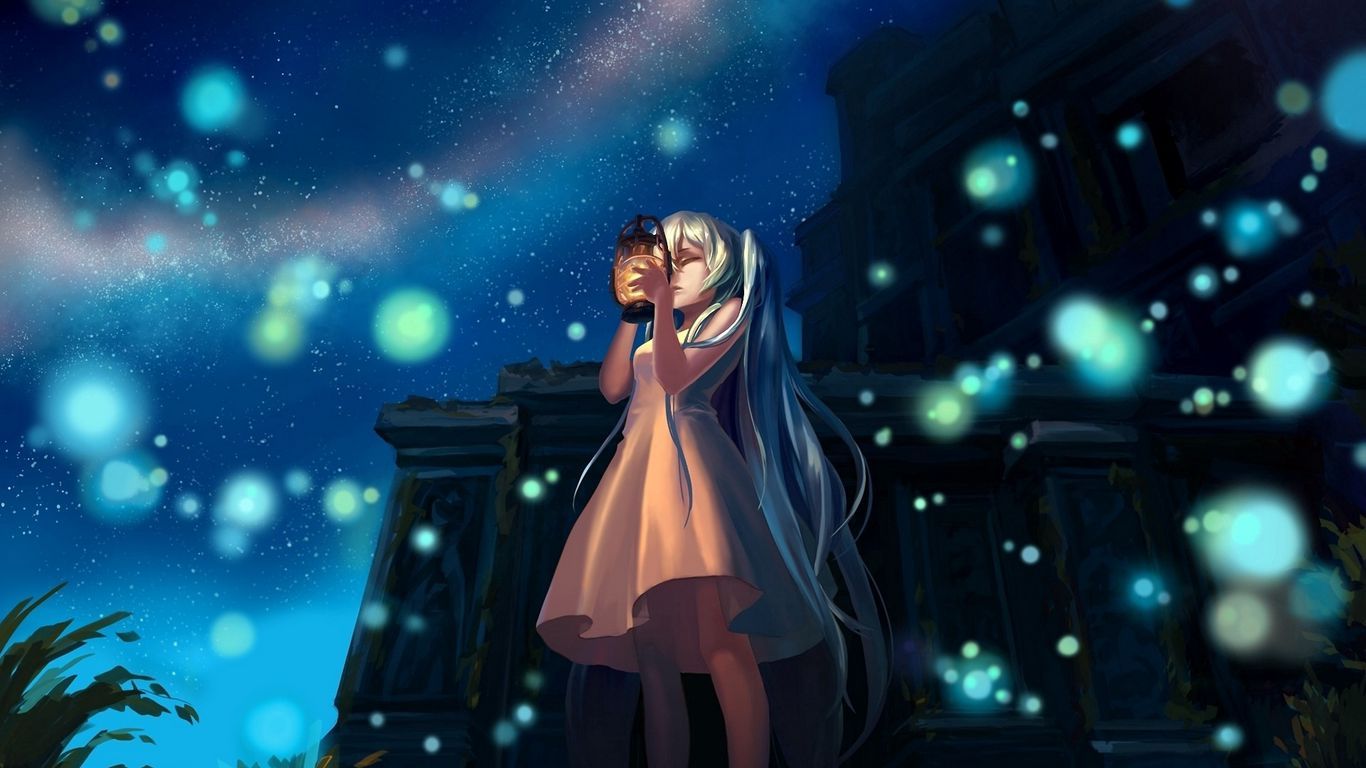Download wallpaper 1366x768 anime, girl, glow, lights, night, lamp tablet, laptop HD background