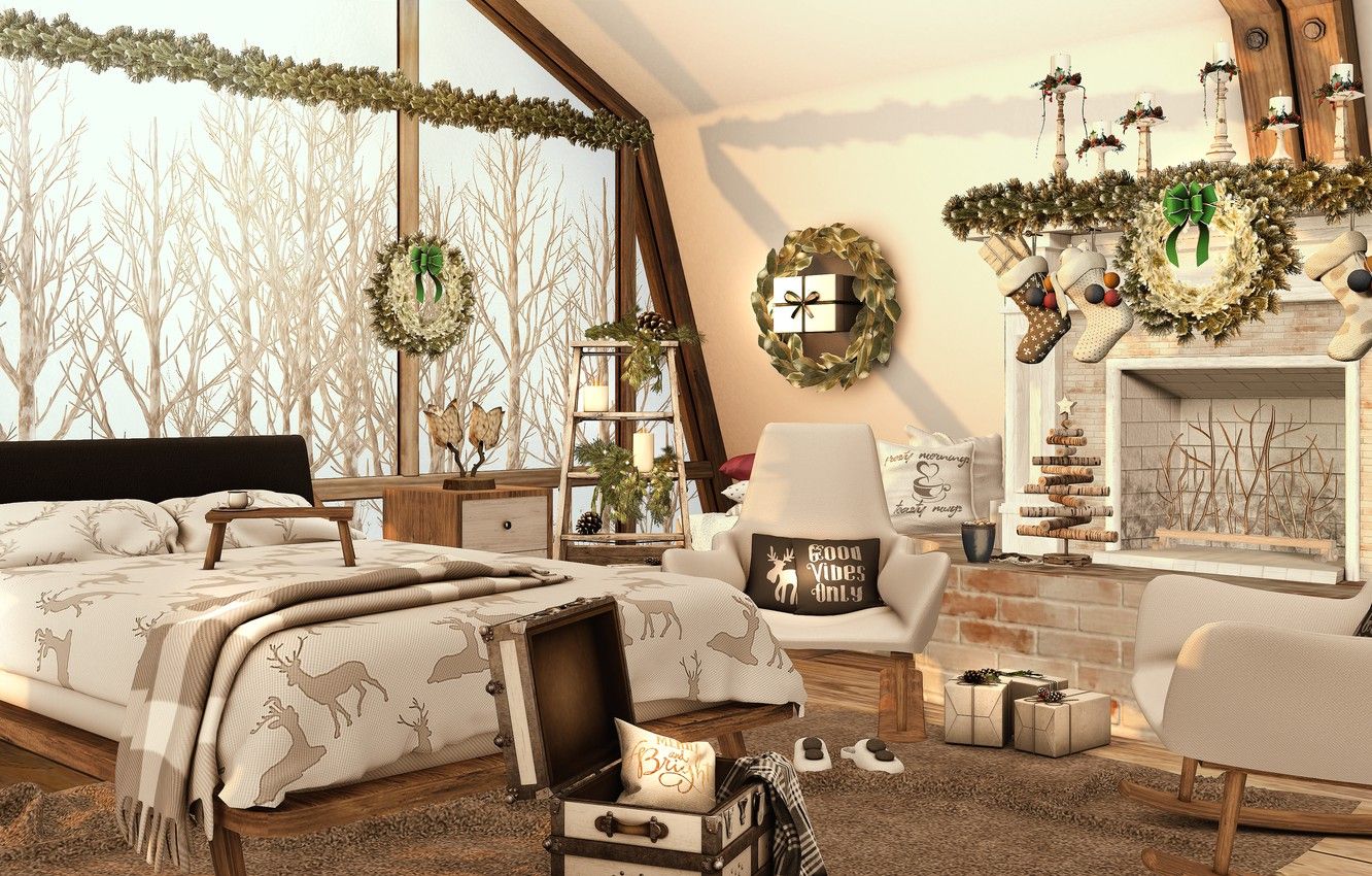 Wallpaper trees, design, room, bed, window, christmas, trees, winter, window, room, bed, 3D graphics, bedroom, christmas decoration image for desktop, section интерьер