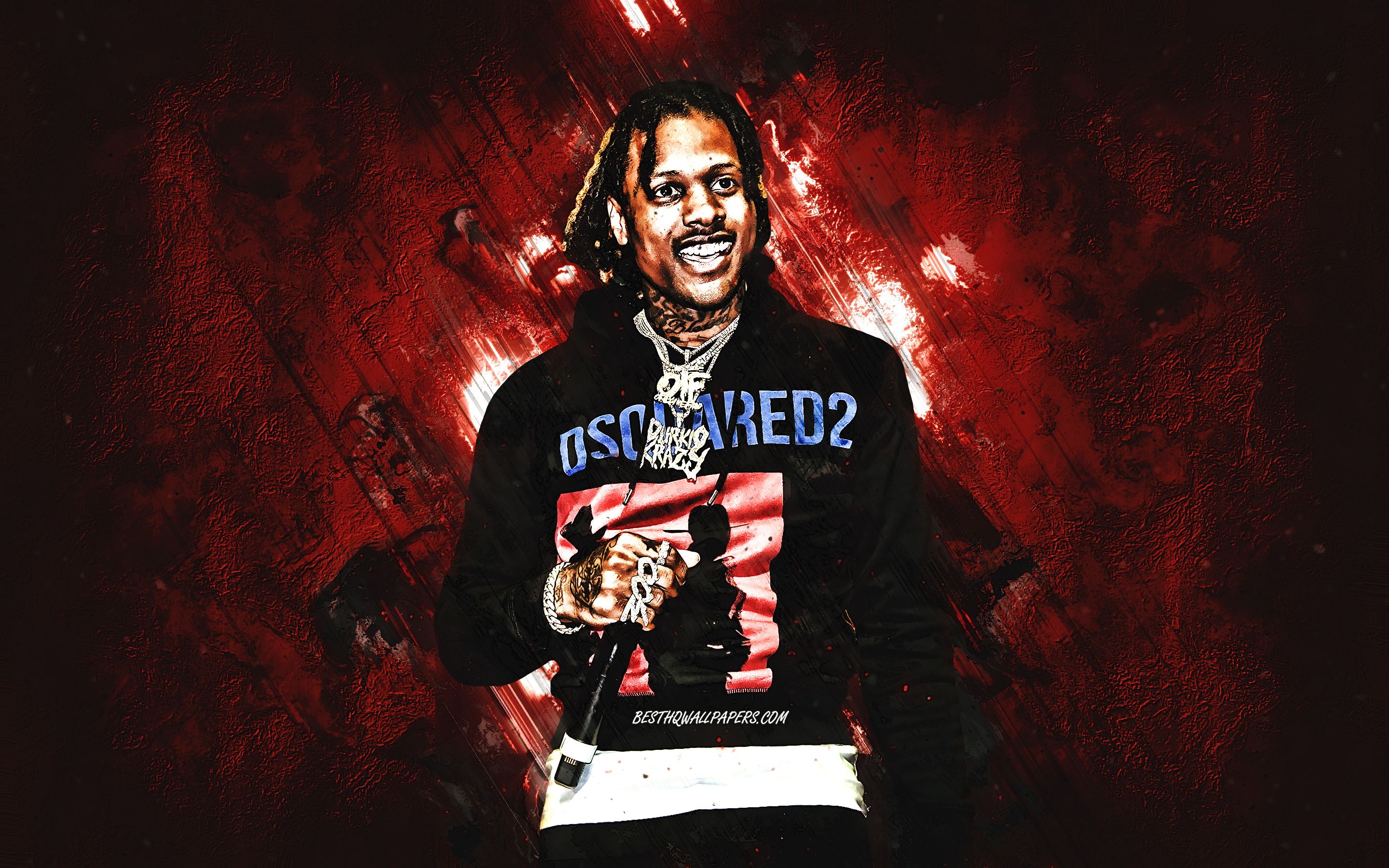 Download wallpaper Lil Durk, American rapper, portrait, red stone background, creative art for desktop with resolution 2880x1800. High Quality HD picture wallpaper
