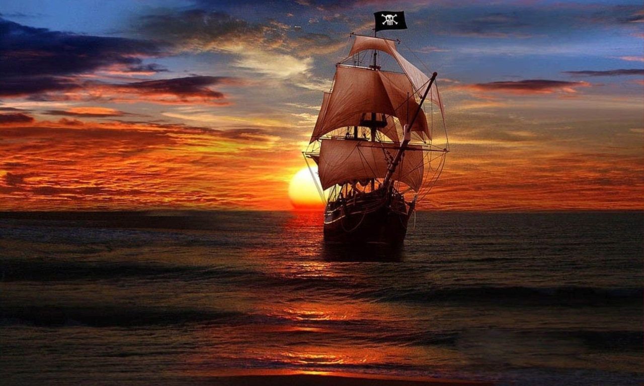 Sunset and Pirate Ship Fantasy art Desktop Wallpaper HD 1920x1200, Wallpaper13.com