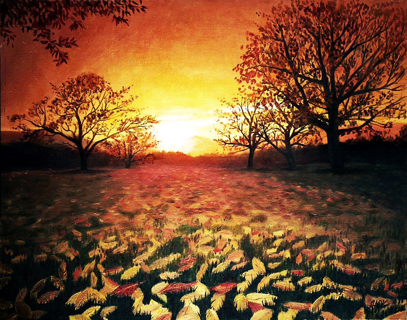 Desktop Wallpaper Nature Sunrises and sunsets Trees Painting Art