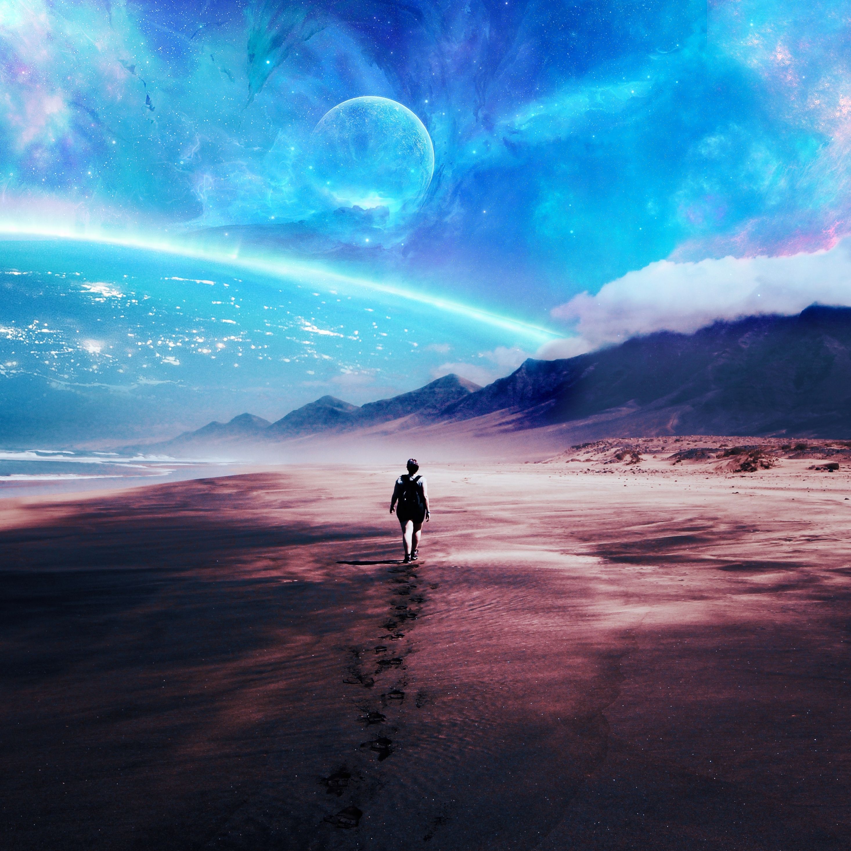 Download 2932x2932 Wallpaper Fantasy, Beach, Walk Alone, Sci Fi Artwork, Ipad Pro Retina, 2932x2932 HD Image, Background, 23516
