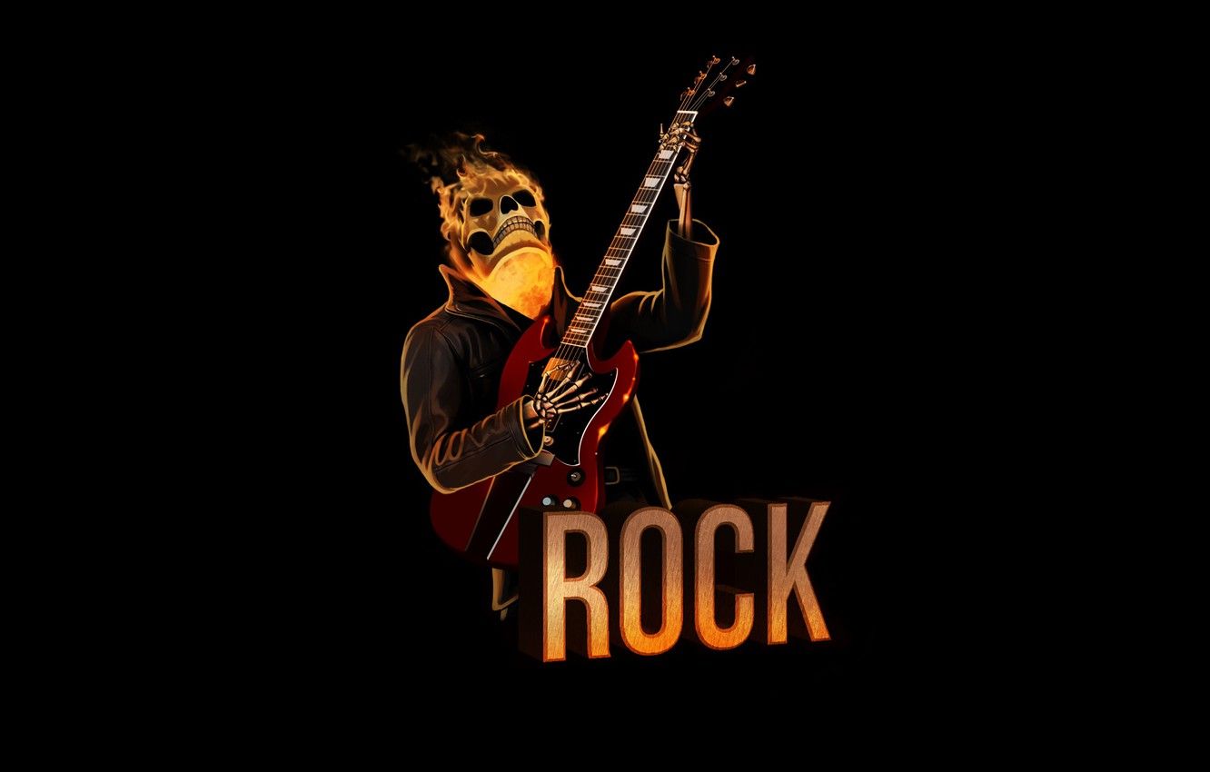 Wallpaper red, fire, skull, guitar, minimalism, skeleton, sake, rock, black background, rock image for desktop, section минимализм