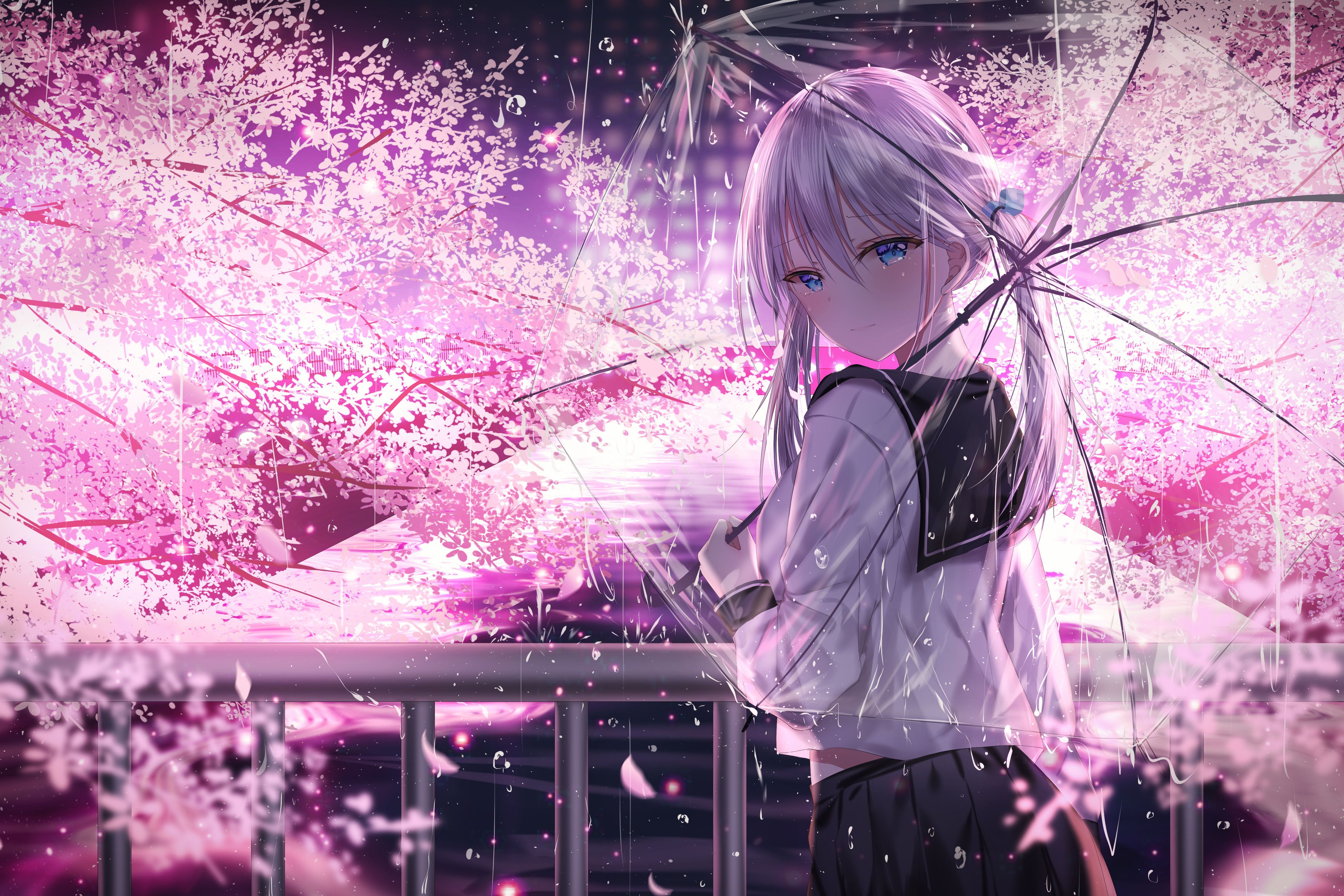 original characters, #schoolgirl, #white hair, #pigtails, #blue eyes, #tears, #junpaku karen,. Anime background wallpaper, Anime school girl, Anime background