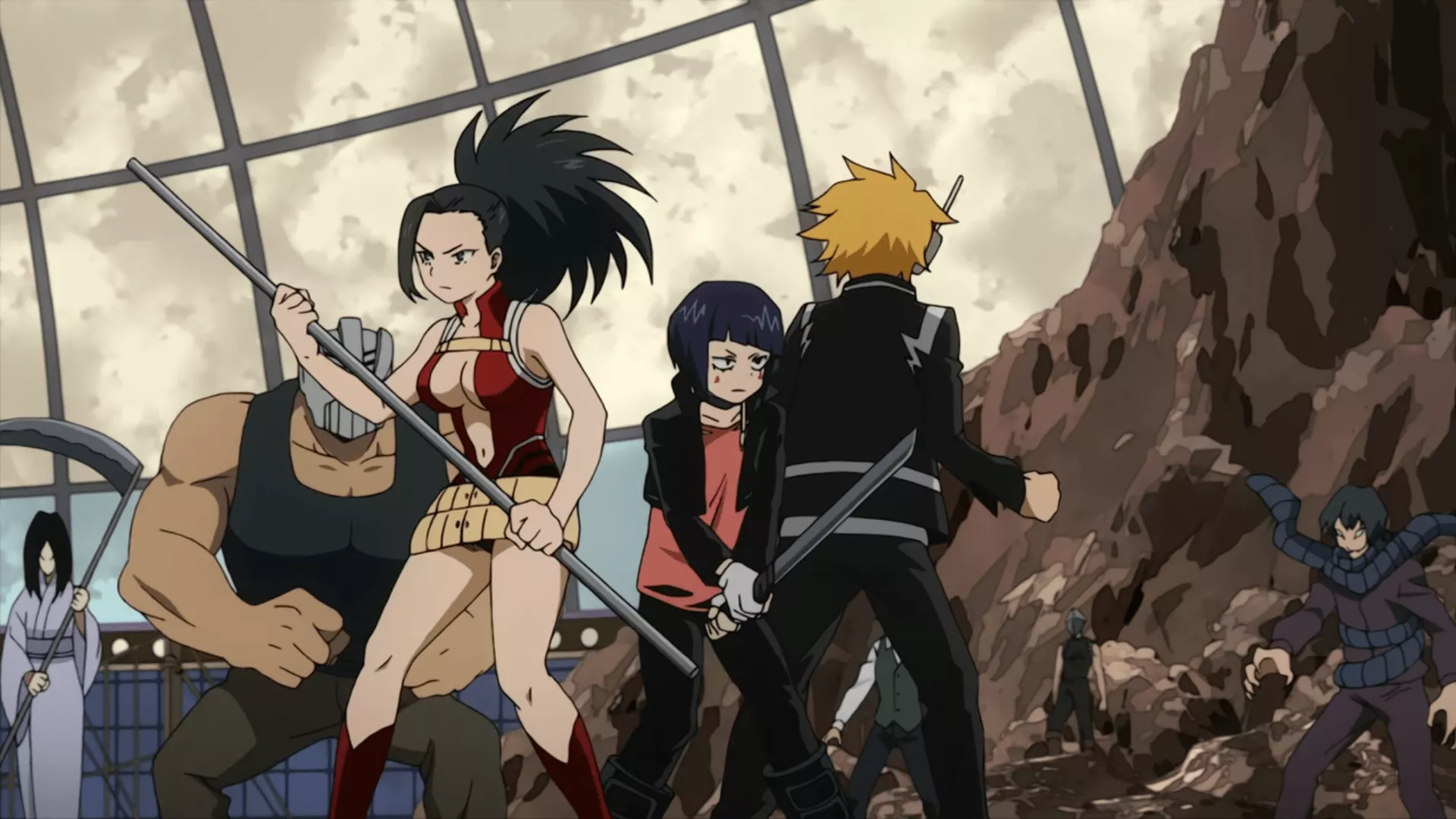 Momo Yaoyorozu, Kyoka Jiro & Denki Kaminari vs. Villains. My Hero Academia