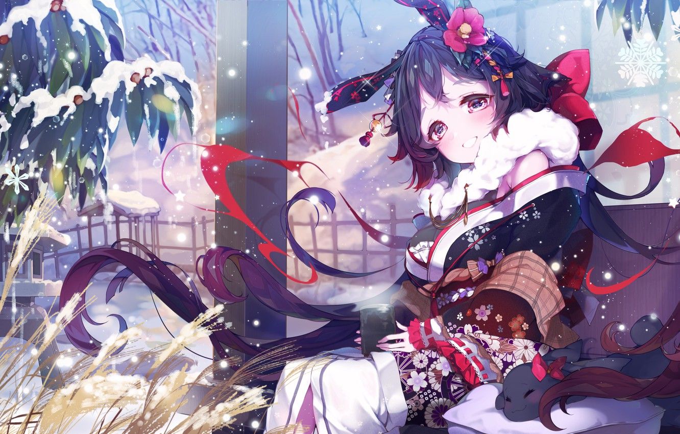 Wallpaper Winter, Girl, Flower, Decoration, Anime, Art, Camellia, Yukata, Iron Saga image for desktop, section прочее