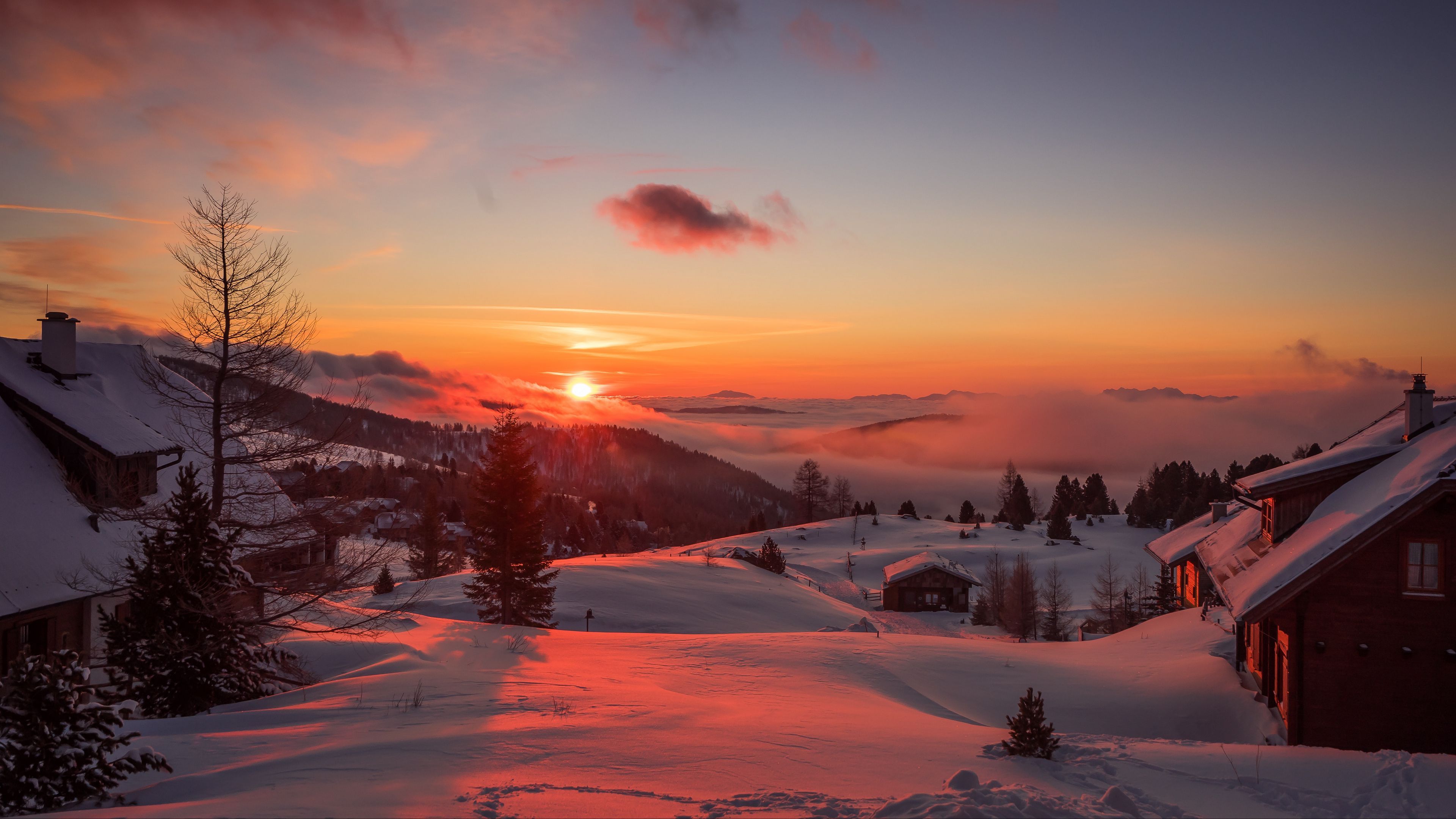 Download wallpaper 3840x2160 mountains, winter, sunset, trees, austria 4k uhd 16:9 HD background