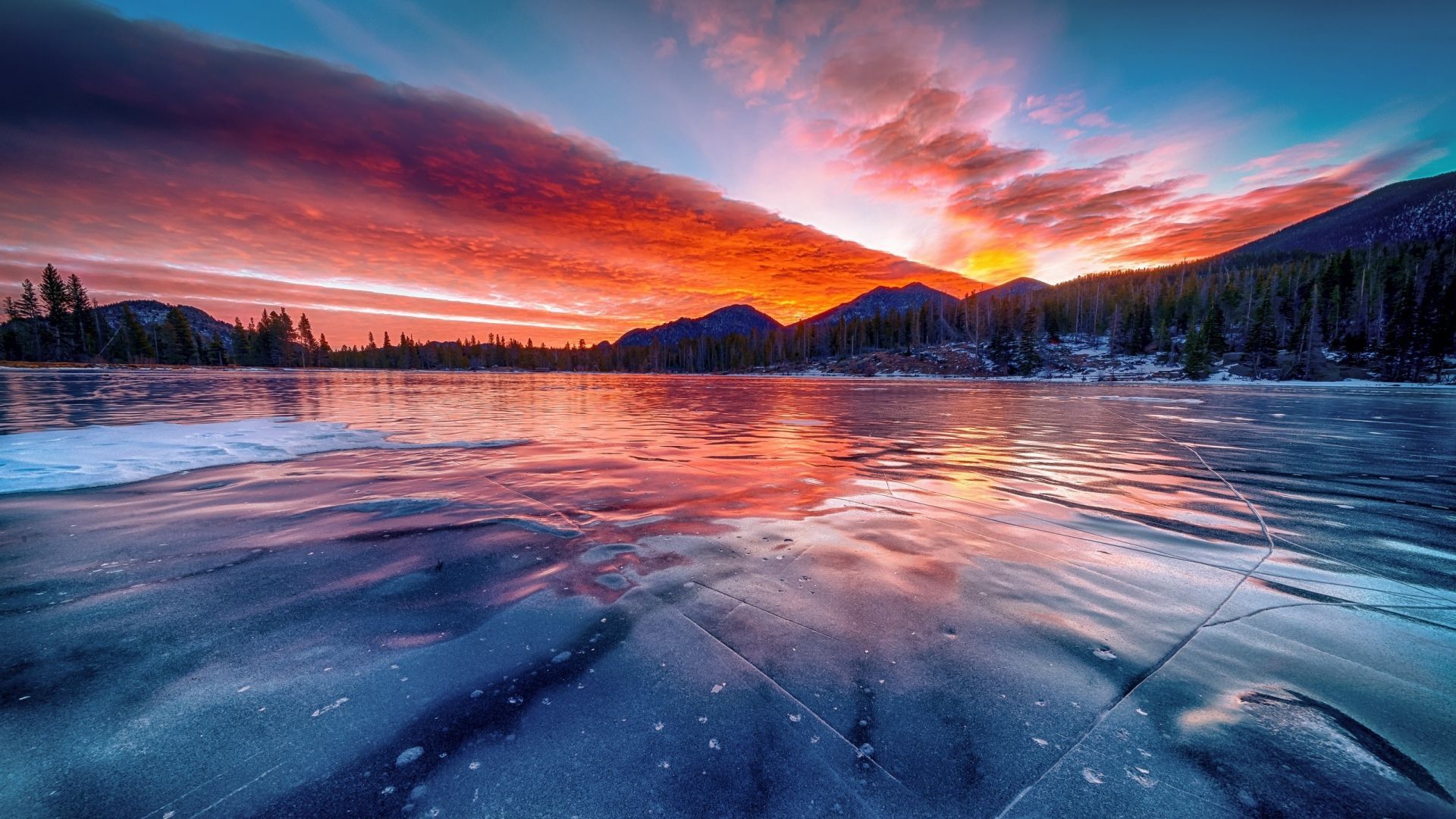 Desktop wallpaper frozen lake, sunset, winter, skyline, nature, HD image, picture, background, f2e084