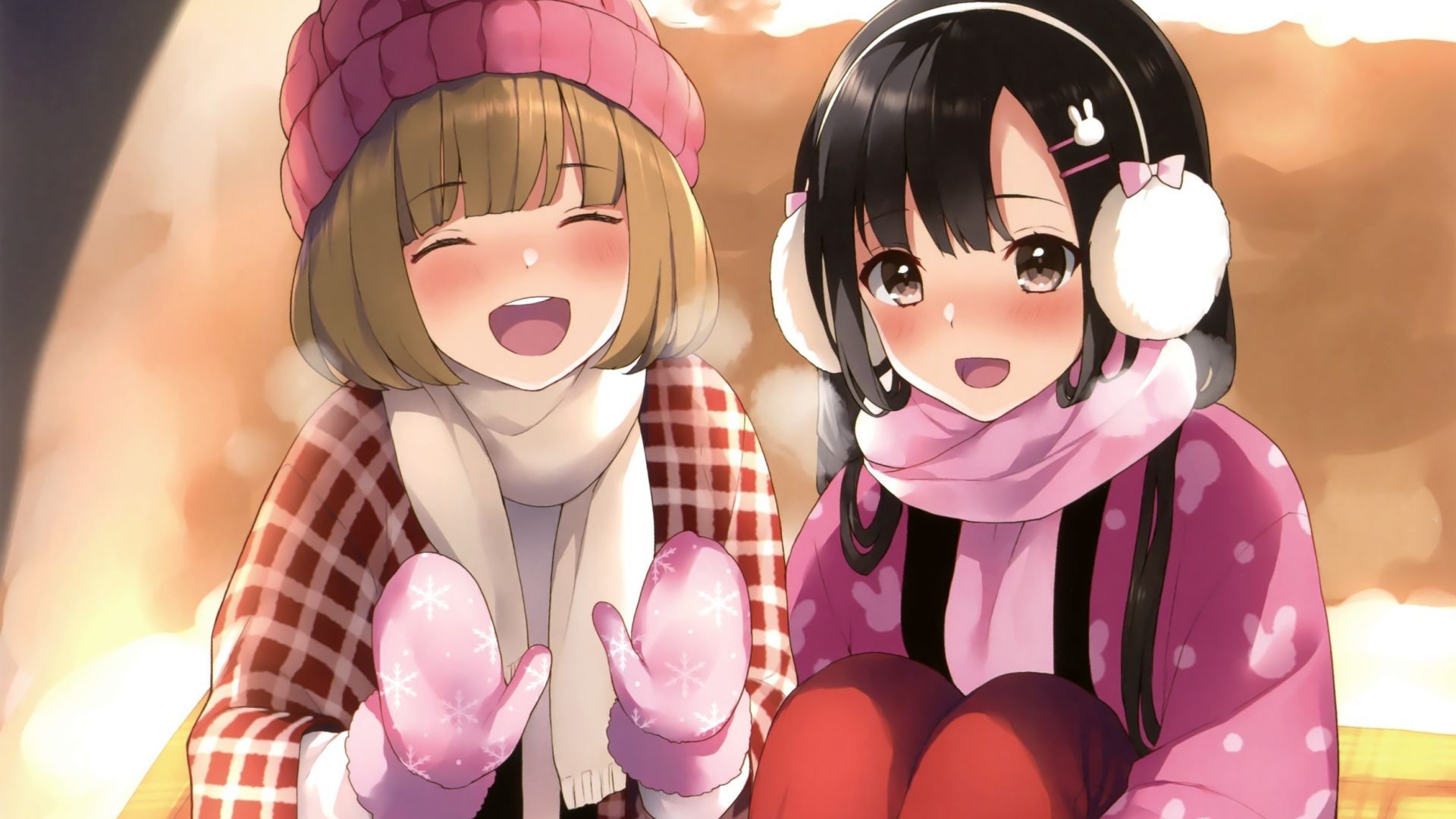 Desktop wallpaper winter, cute anime girls, friends, HD image, picture, background, 69b11f