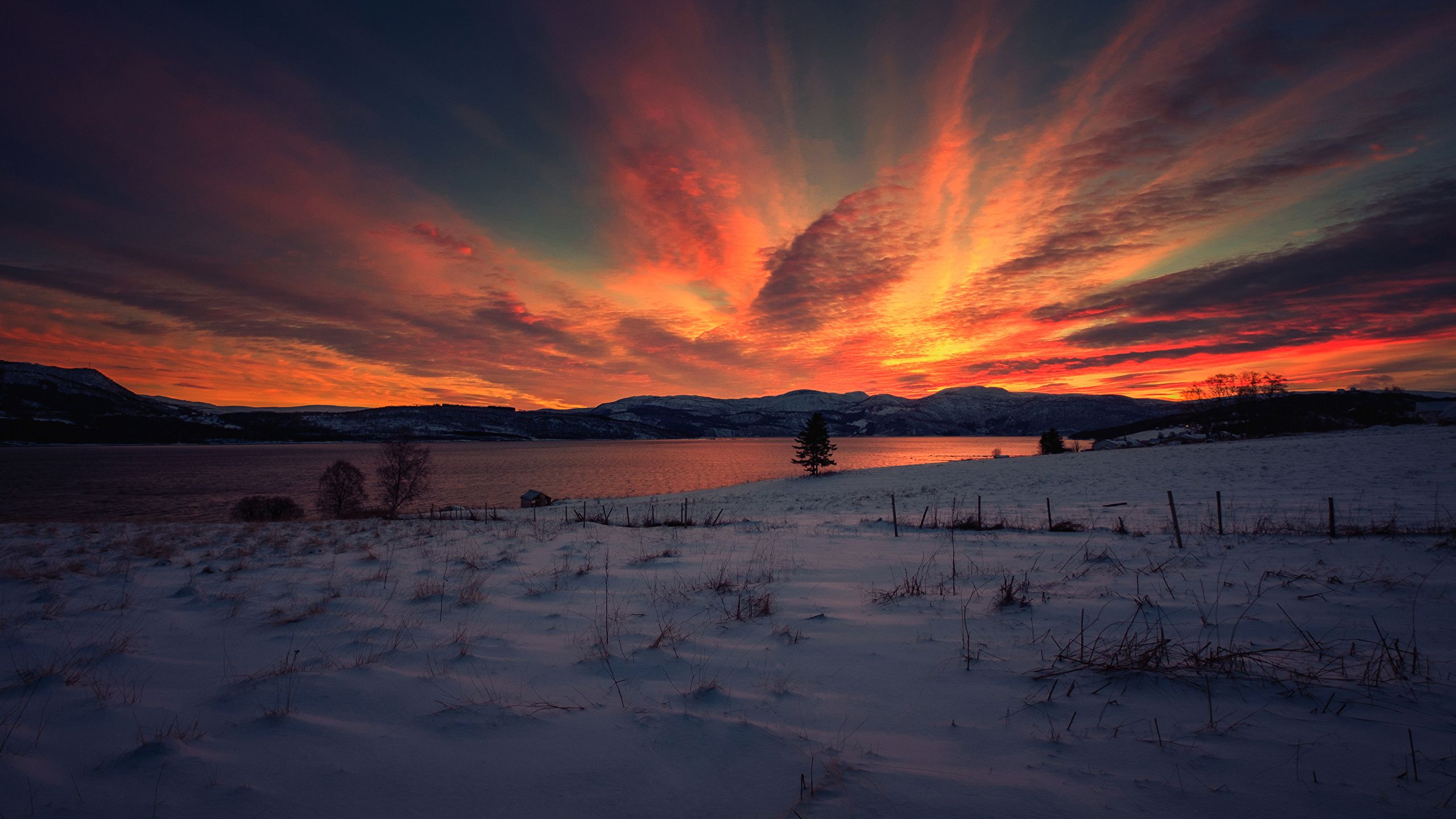 image Nature Winter Sky Snow Lake sunrise and sunset 2560x1440