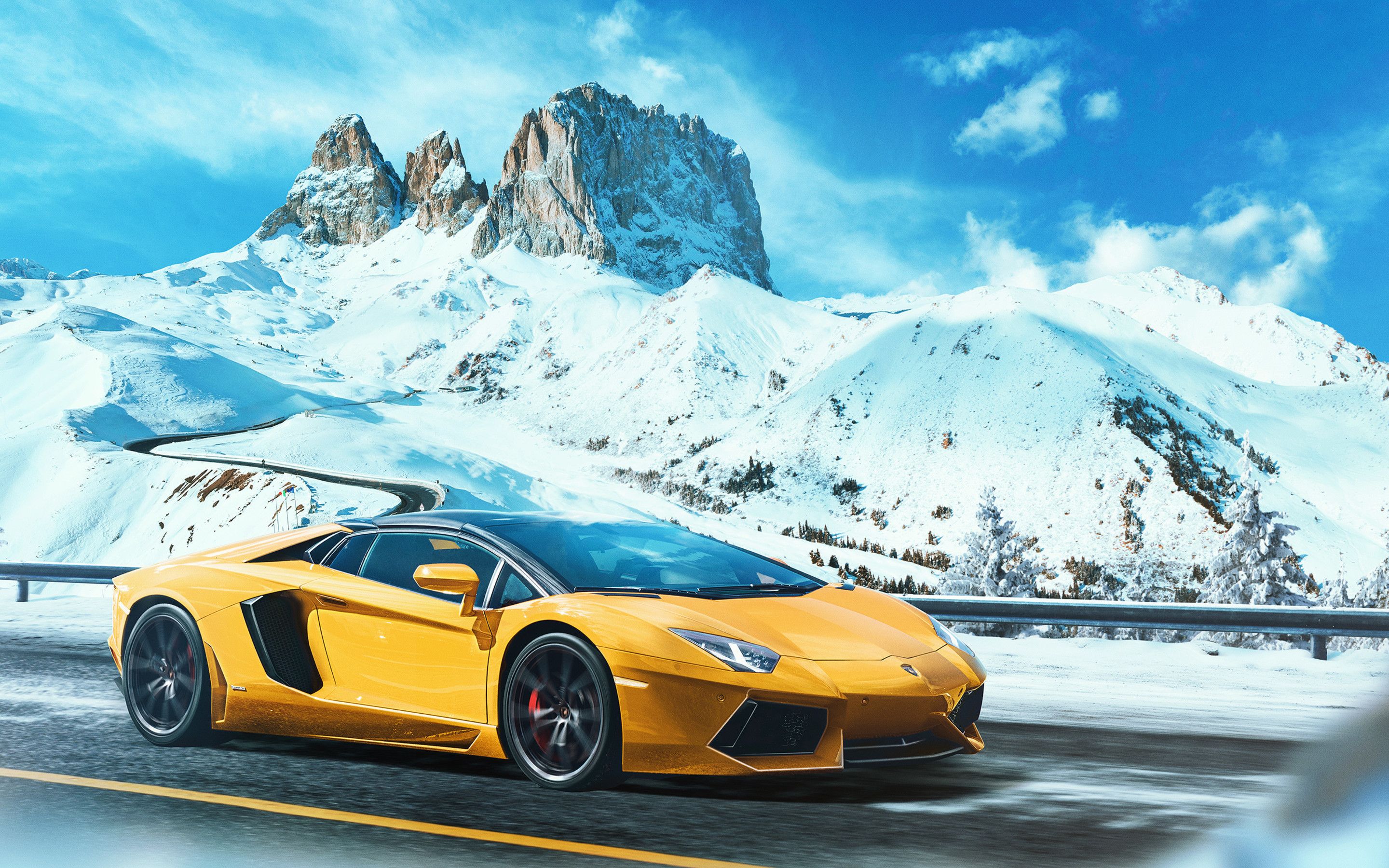 Download wallpaper Lamborghini Aventador, winter, 2018 cars, mountain road, supercars, yellow Aventador, Lamborghini for desktop with resolution 2880x1800. High Quality HD picture wallpaper