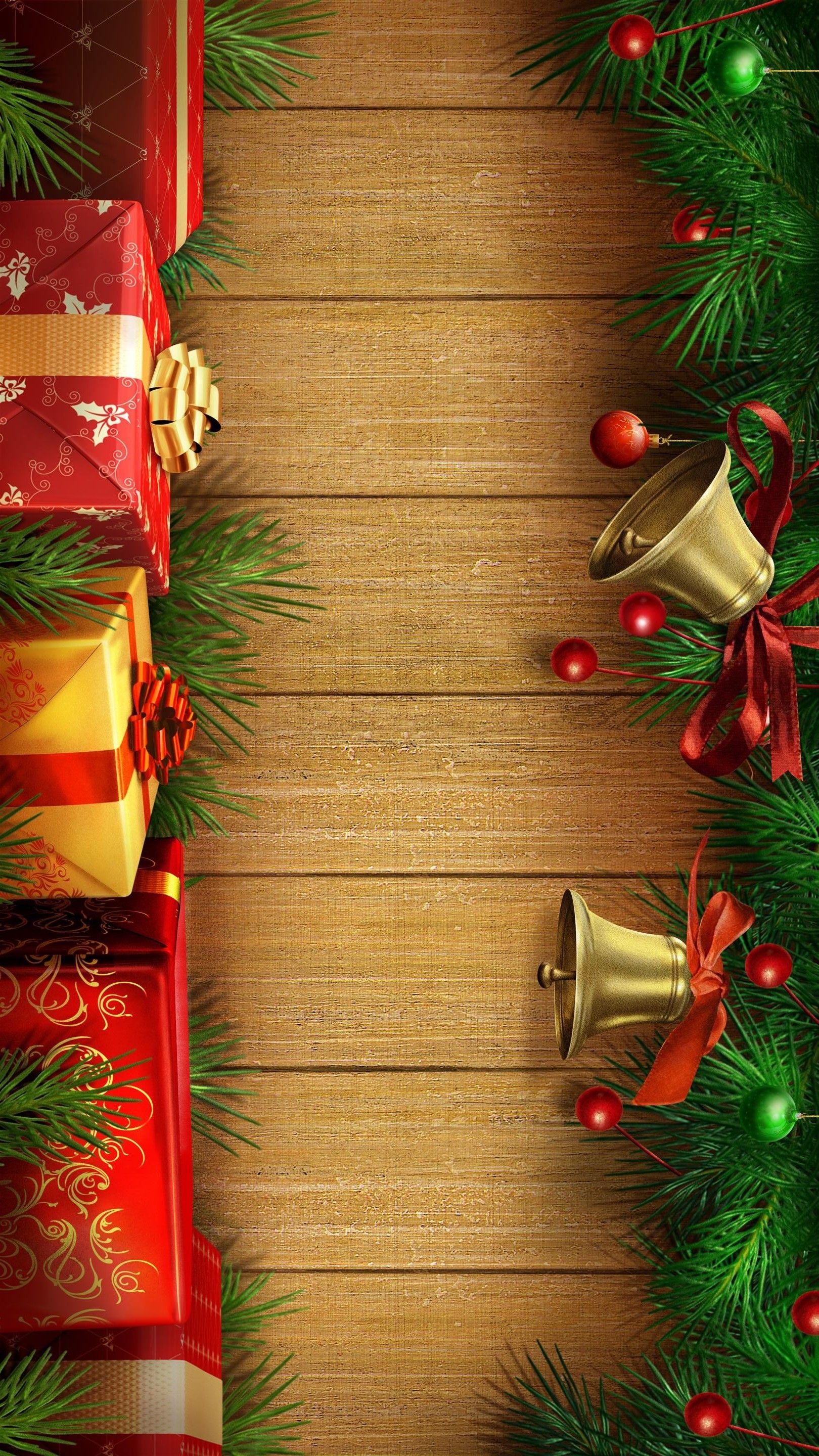 Natal Presents Bells Wood Background Android Wallpaper HD 1080 * 1920