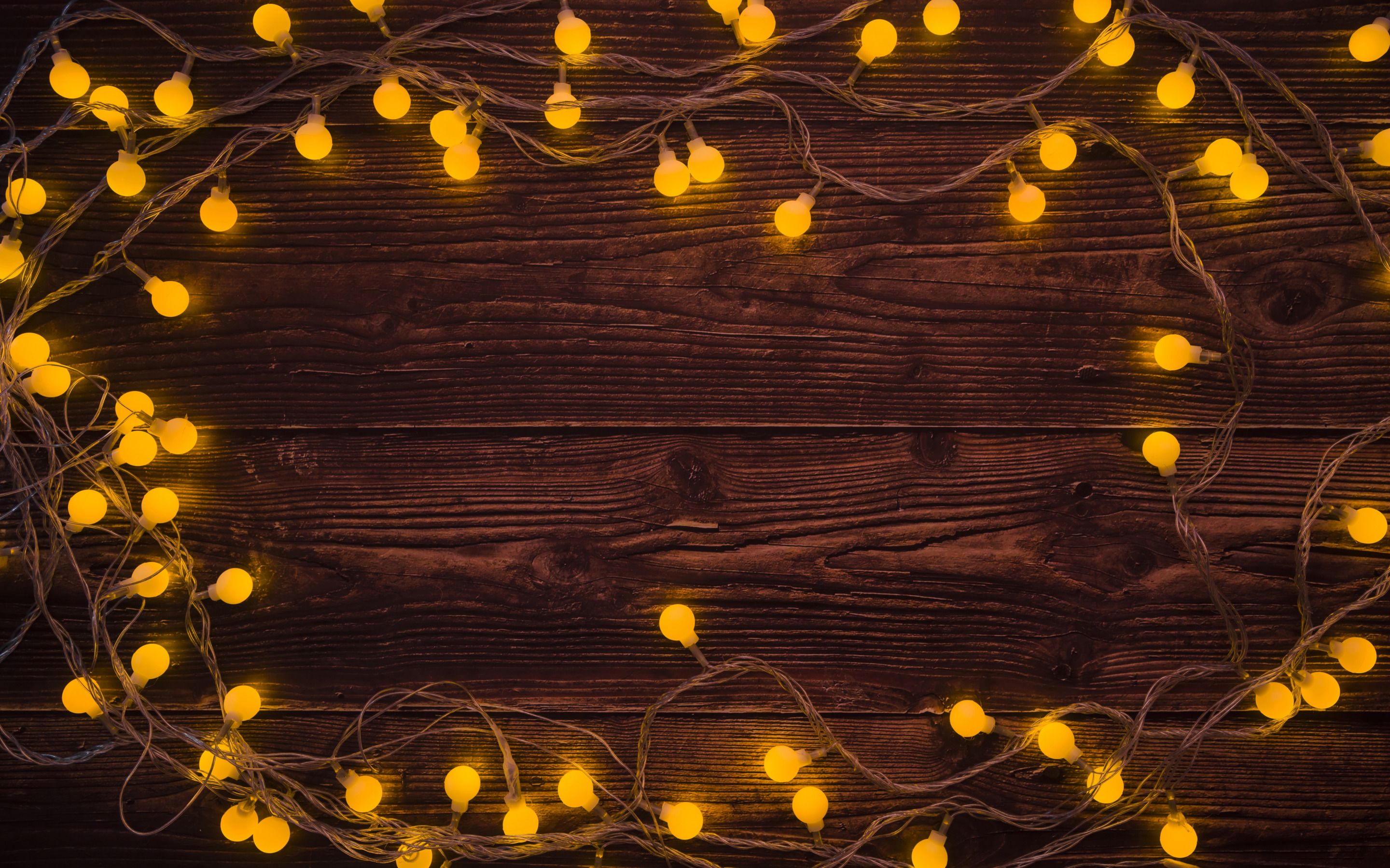 Download wallpaper wooden background, brown boards, garland, light bulbs, evening, Christmas, New Year for desktop with resolution 2880x1800. High Quality HD picture wallpaper