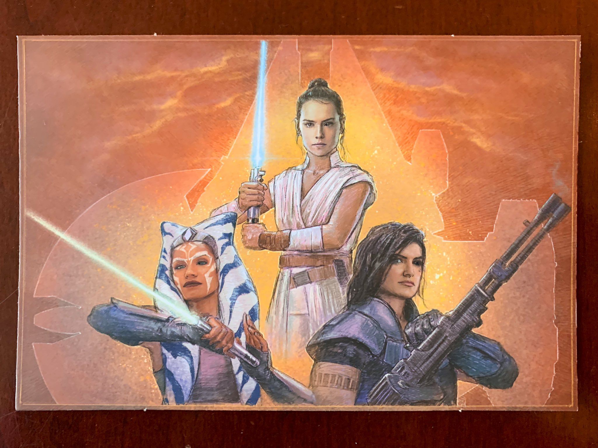 New Artwork of Rey Skywalker, Ahsoka Tano, and Cara Dune from Lucasfilm Holiday Card