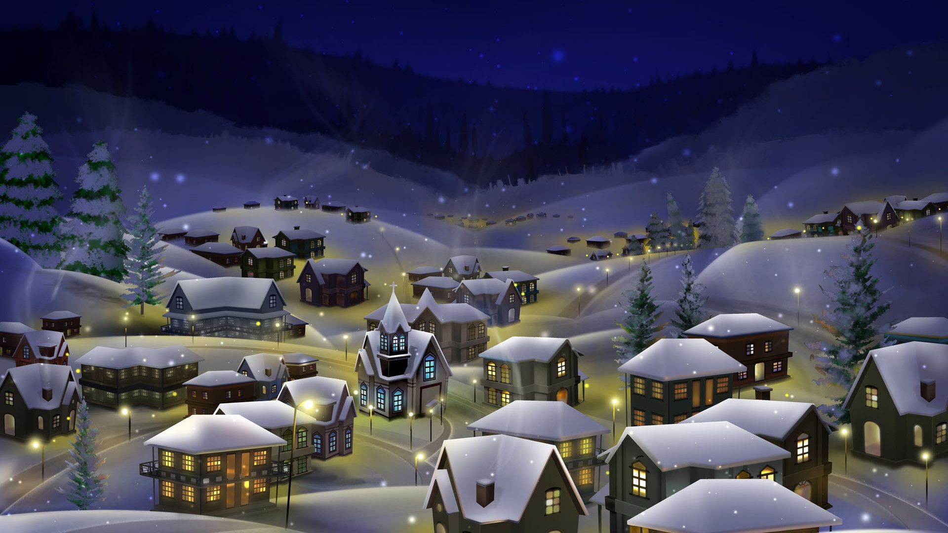 Wallpaper Download 1920x1080 Winter drawing covered with snow in the night. D. Christmas village display, Christmas wallpaper hd, Merry christmas wallpaper